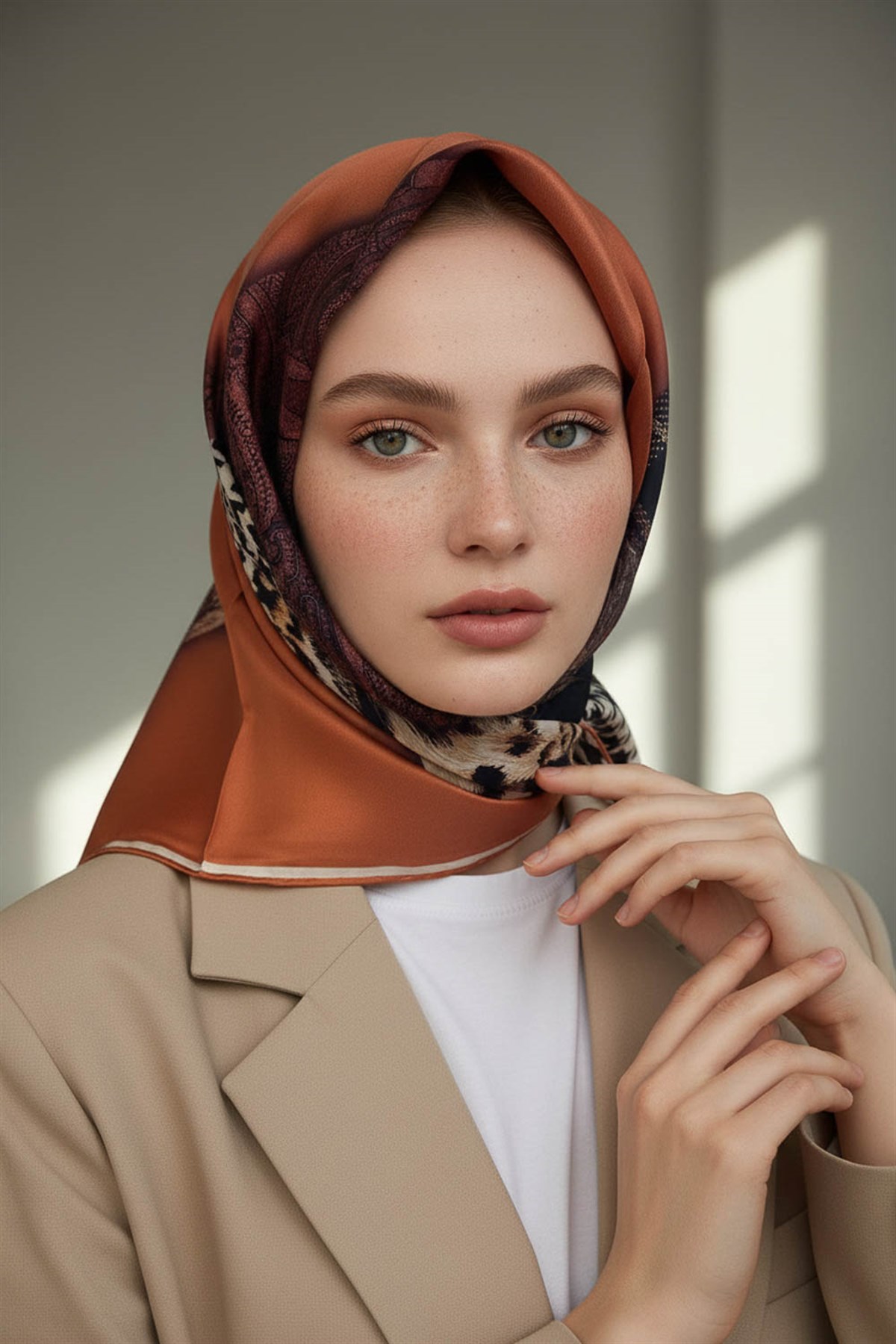 % 57 İPEK % 43 VİSKON Twill İpek Kazayaklı Ekoseli Leoparlı Ve Şal Desenli Taba - Bej Renkli 90x90 Eşarp Dikim Şekli : El Dikişi