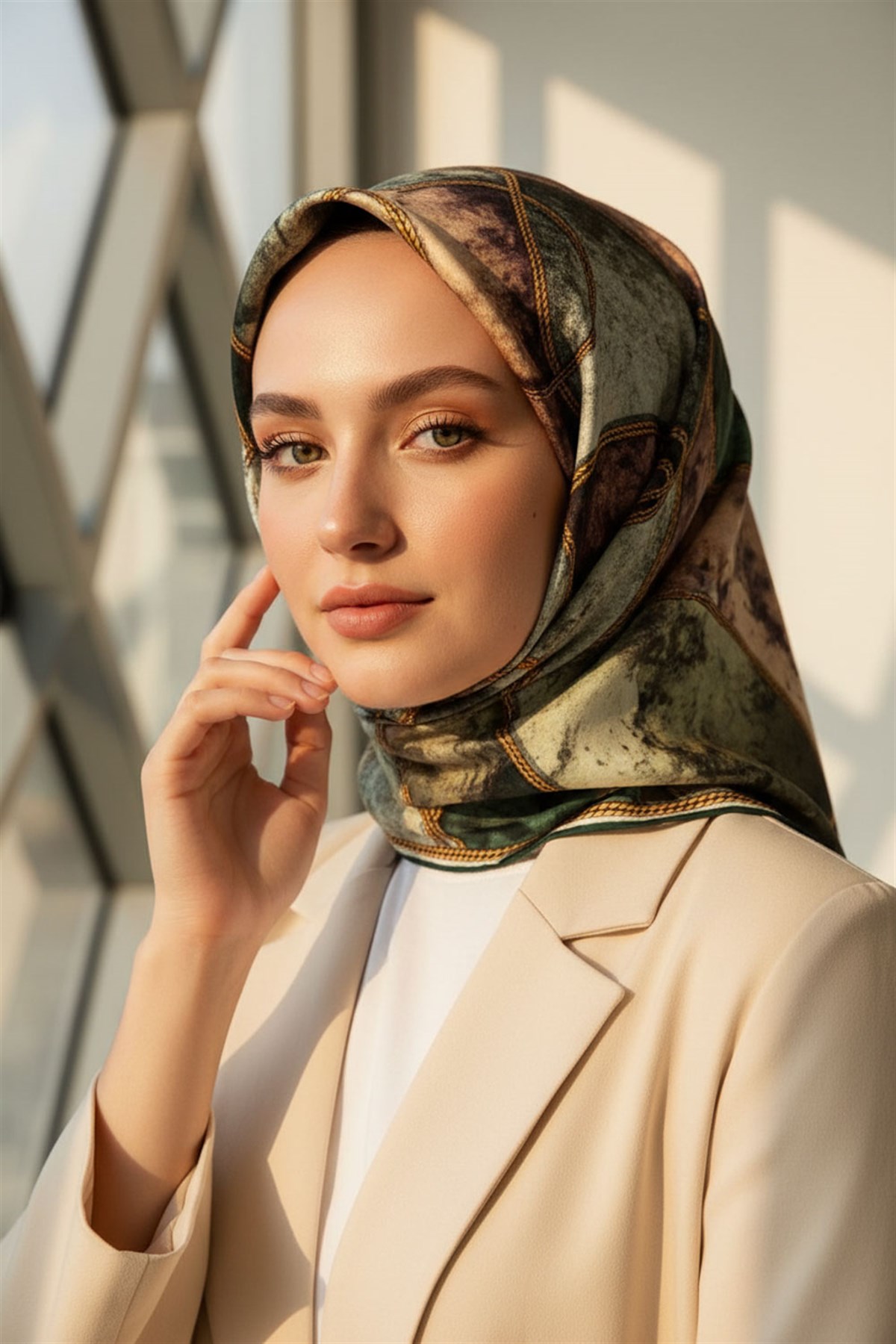 %100 Twill İpek Zincirli Mermer Desenli Zümrüt Yeşili - Haki Renkli 90x90 Eşarp Dikim Şekli : El Dikişi
