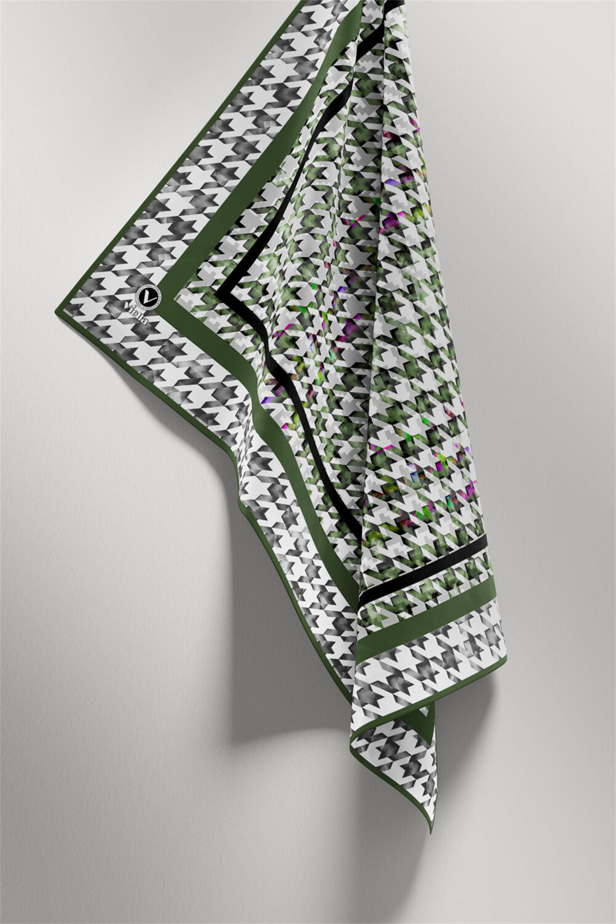 Twill Kazayağı Desenli Haki Renkli 90x90 Eşarp (İpek İçermez) Kenar Dikiş Şekli El Dikişli