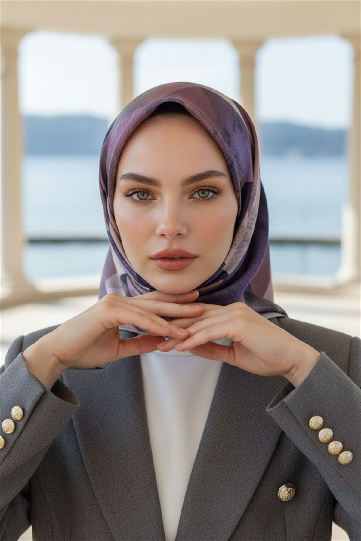%100 Twill İpek Geometrik Desenli Lila - Pembe Renkli 90x90 Eşarp Dikim Şekli : El Dikişi