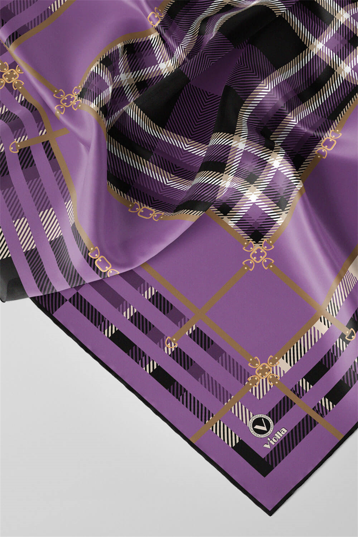 Twill Kemerli ve Ekose Desenli Lila Renkli 90x90 Eşarp (İpek İçermez)Kenar Dikiş Şekli El Dikişli