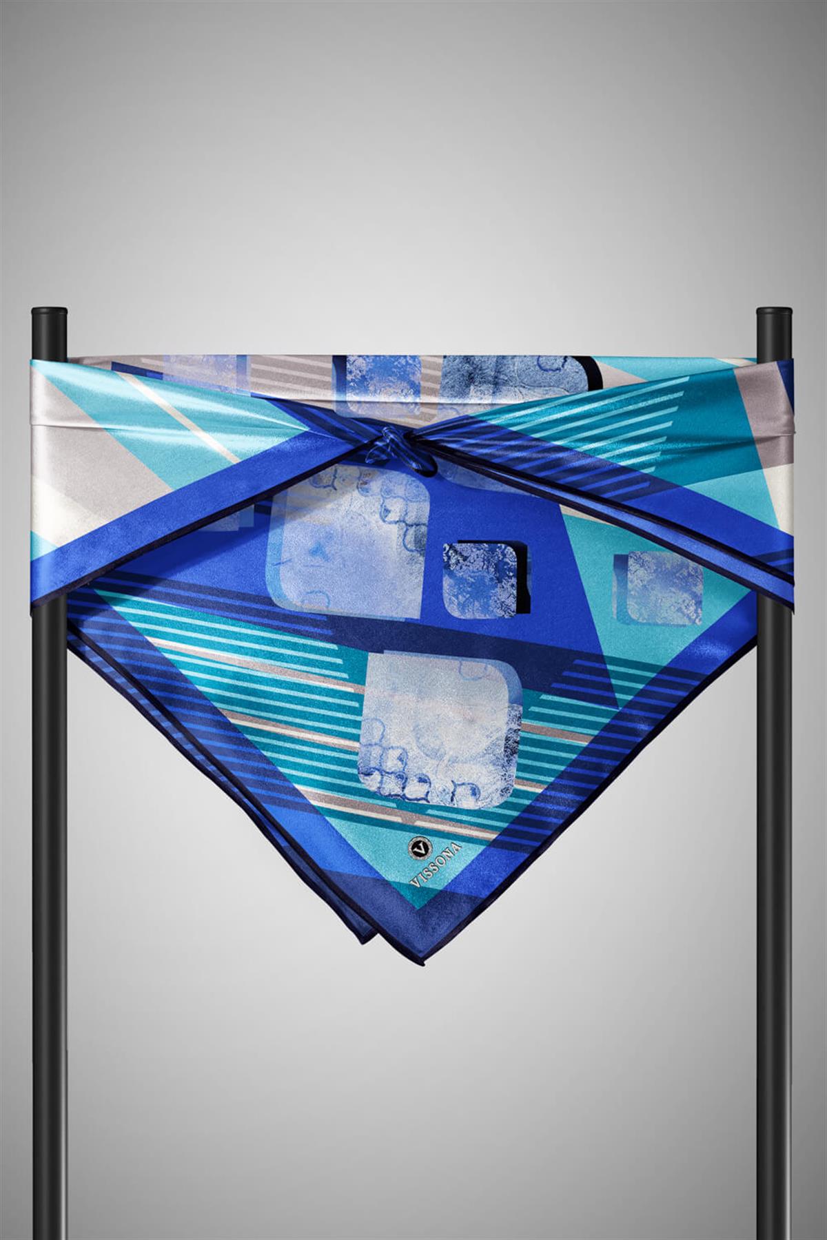 %100 Twill İpek Geometrik Desenli Saks - Mint Yeşili Renkli 90x90 Eşarp Dikim Şekli : El Dikişi