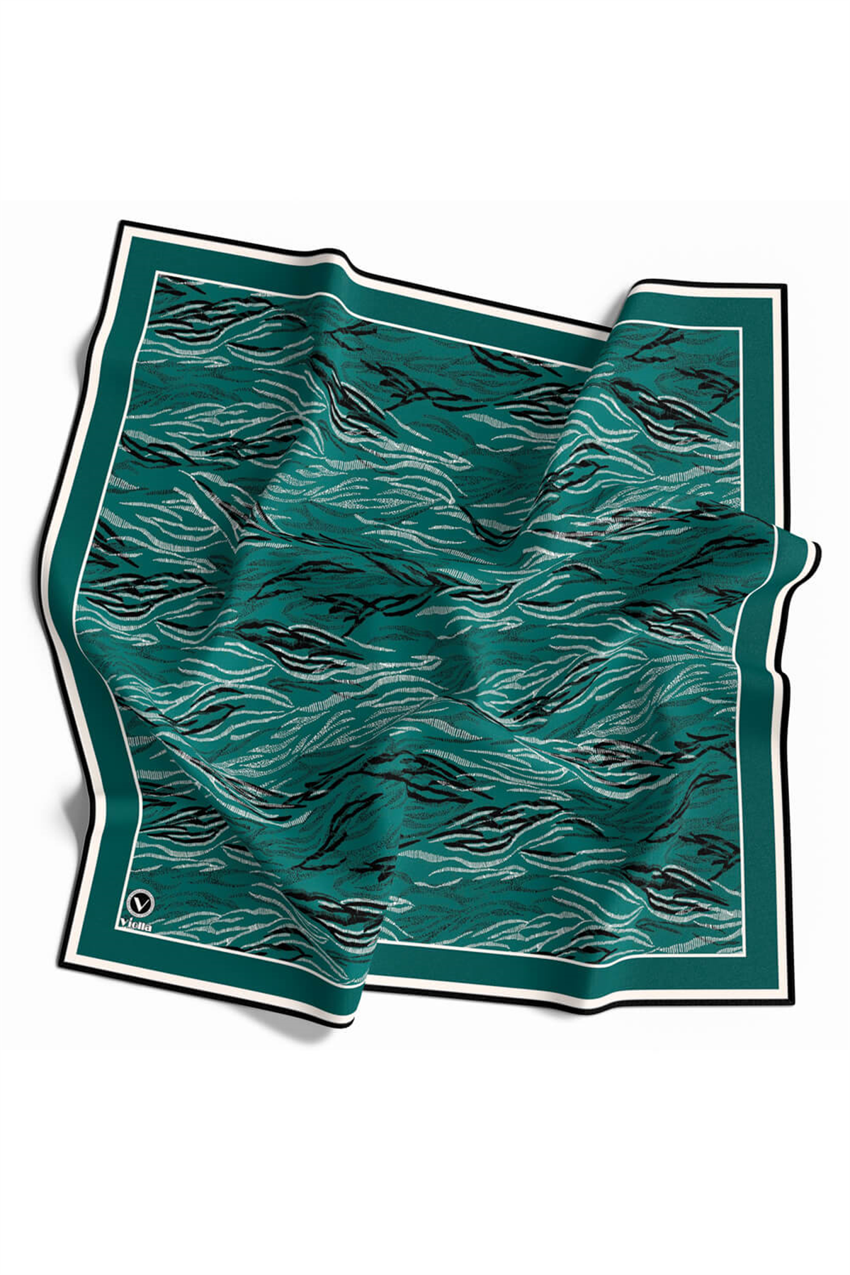 Twill Soyut Çizgi Desenli Petrol Yeşili Renkli 90x90 Eşarp (İpek İçermez) Kenar Dikiş Şekli El Dikişli