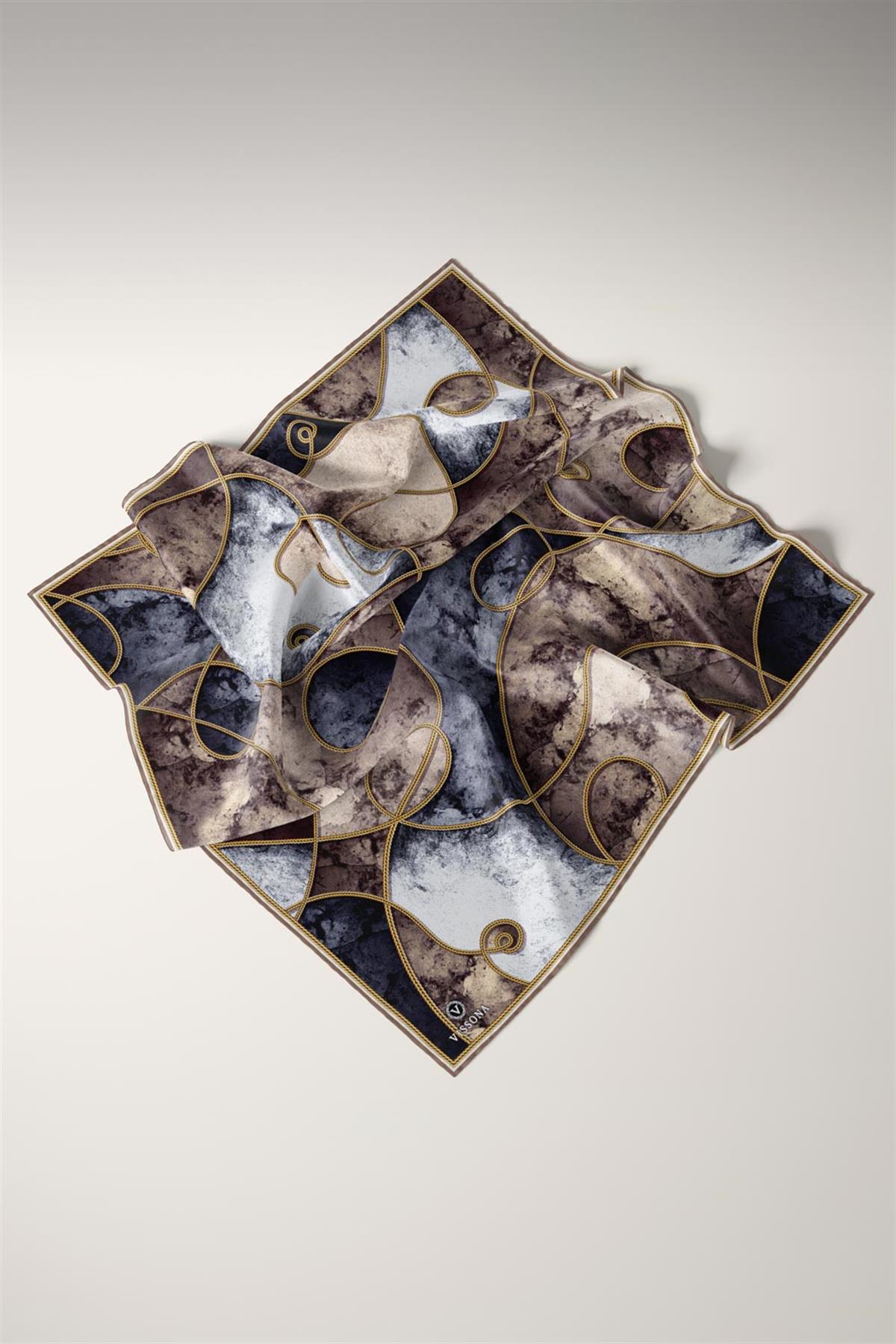 %100 Twill İpek Zincirli Mermer Desenli Bej - Gri Renkli 90x90 Eşarp Dikim Şekli : El Dikişi