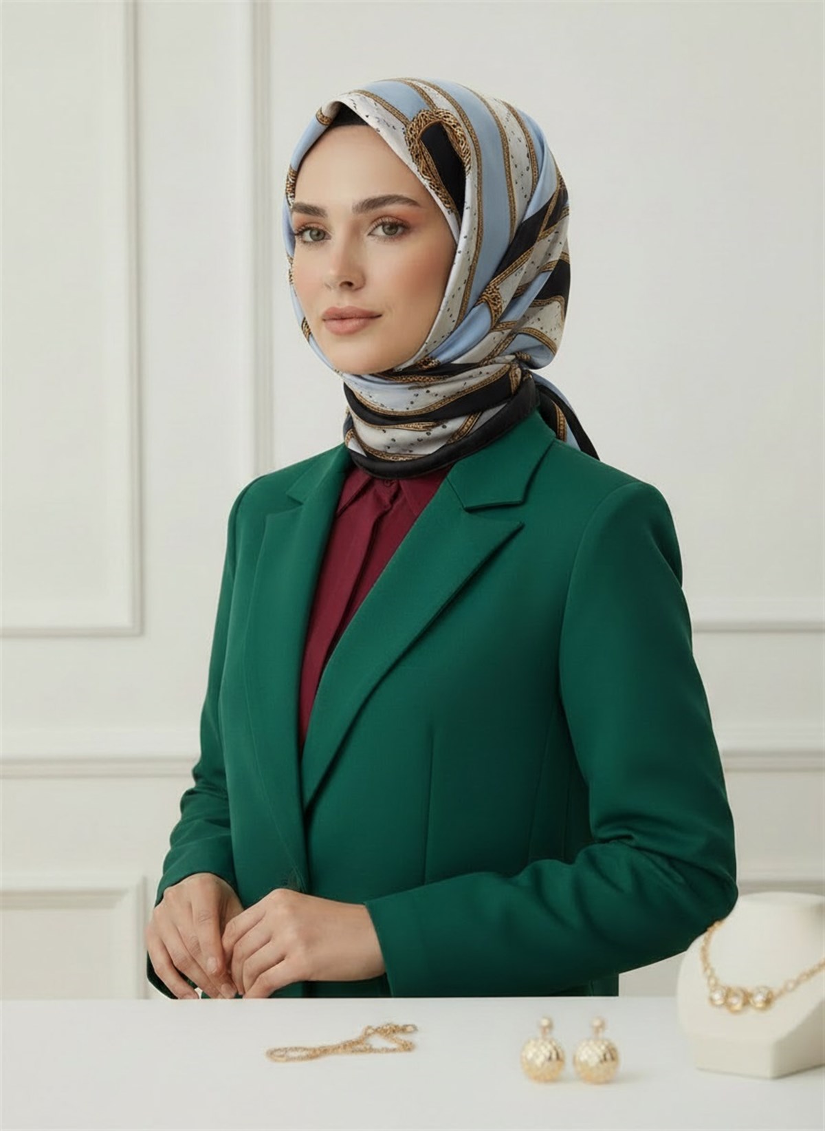 100% İPEK KEMER DESENLİ BUZ MAVİSİ - SİYAH RENKLİ ŞAL