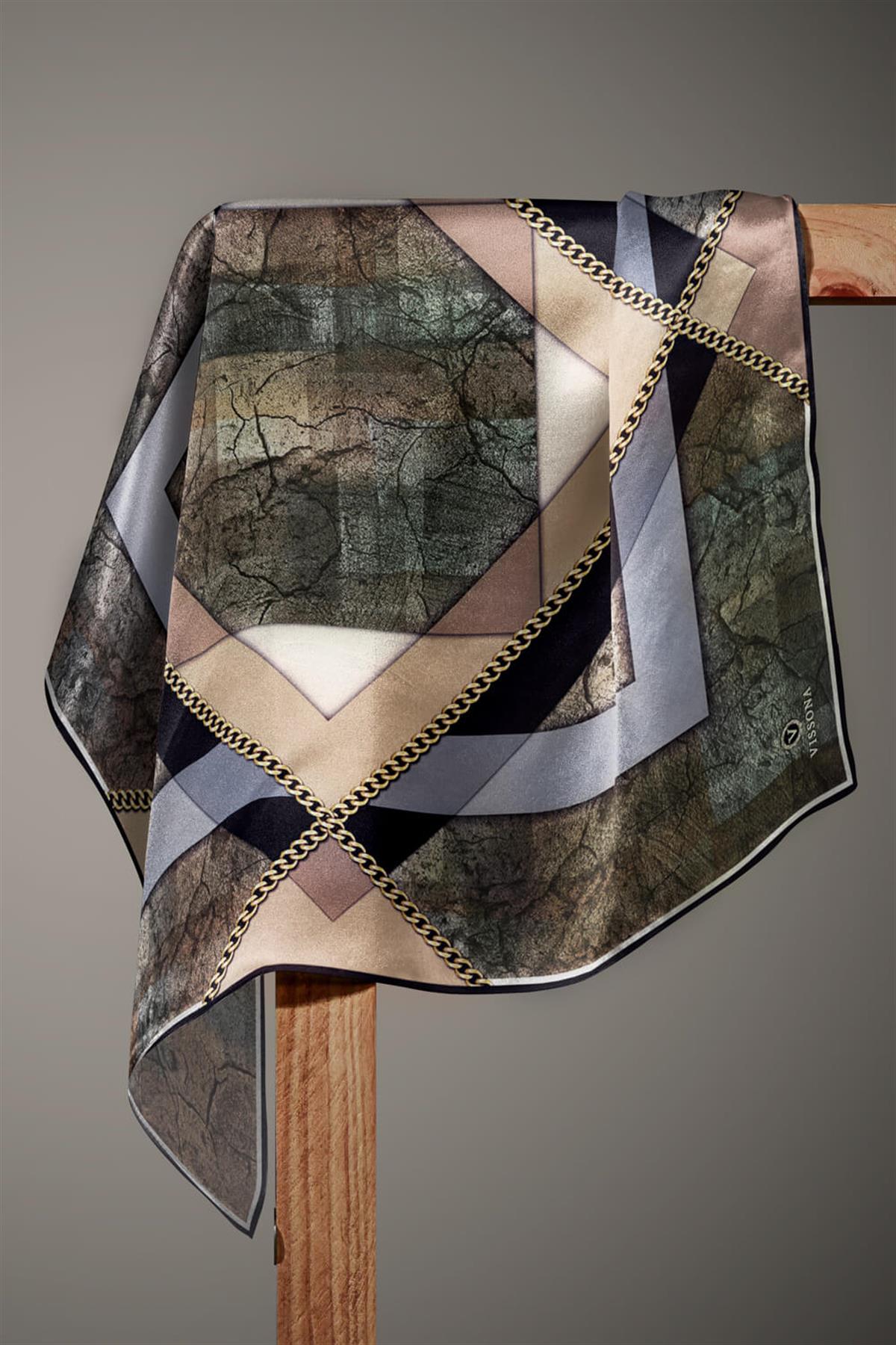 %100 Twill İpek Taş Efekti Desenli Gri - Siyah Renkli 90x90 Eşarp Dikim Şekli : El Dikişi