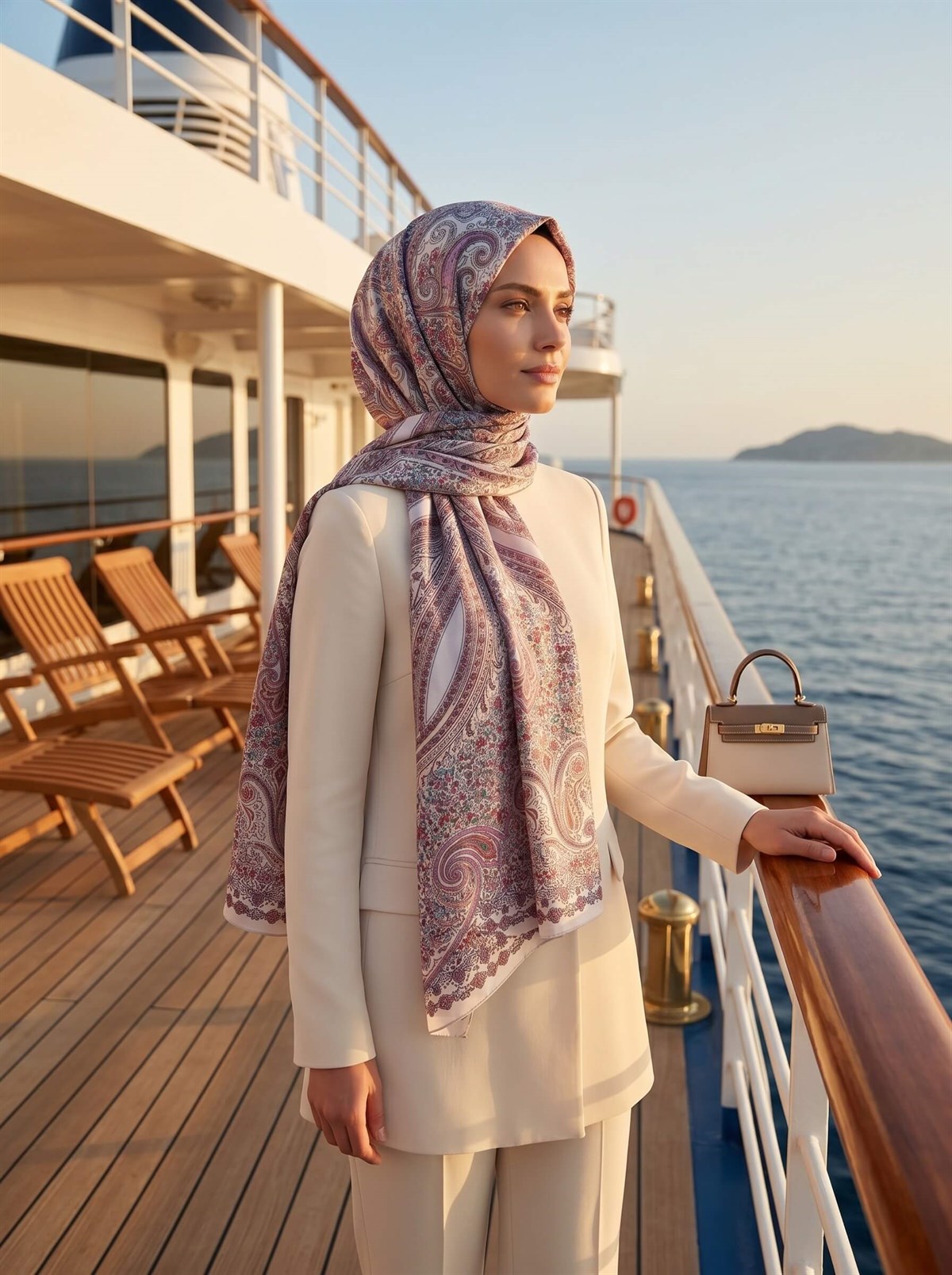 %100 Saf İpek Şal İnce Saten Vual Dokuma Etro Desenli Gri - Taba Renkli 90x210 Şal