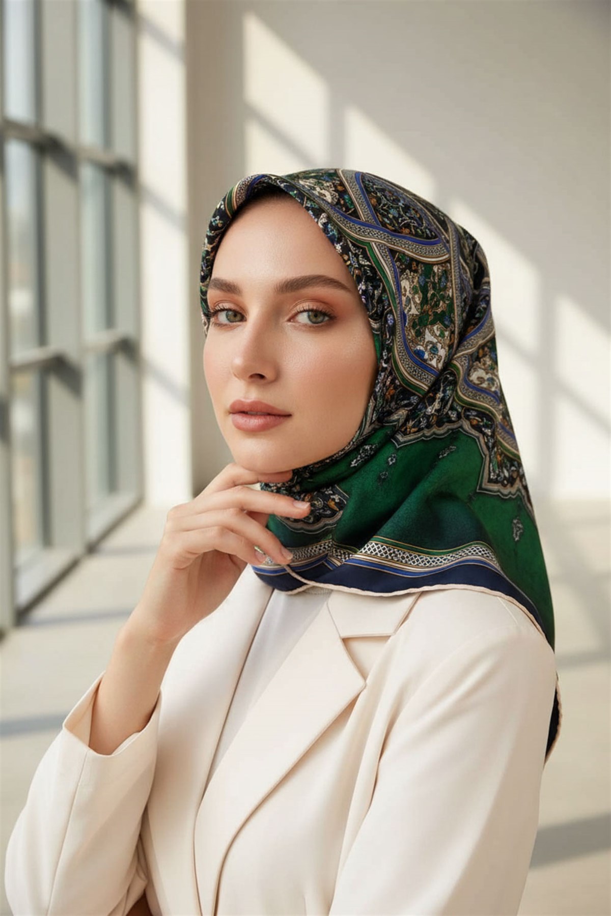 %100 Twill İpek Şal Desenli Zümrüt Yeşili - İndigo Renkli 90x90 Eşarp Dikim Şekli : El Dikişi