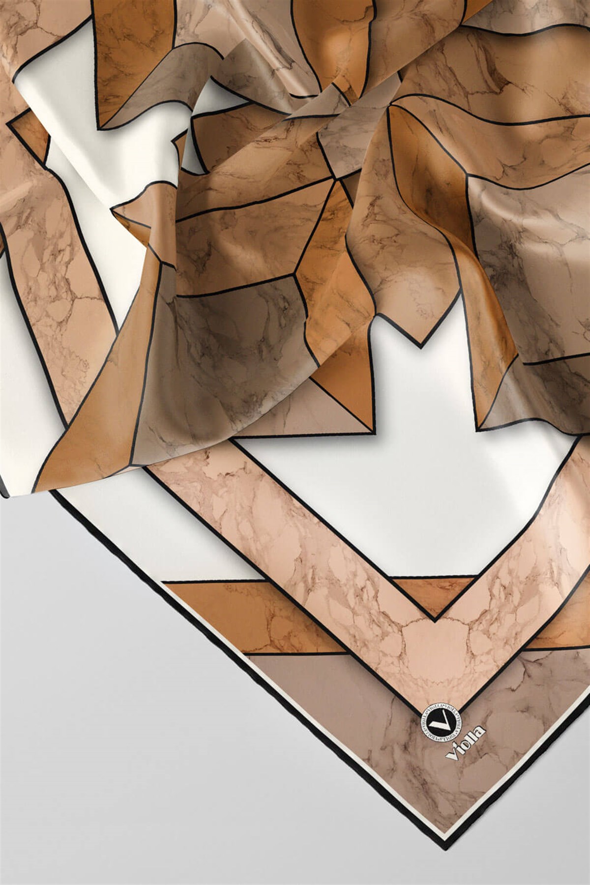 Twill Mermer Desenli Hardal - Bej Renkli 90x90 Eşarp (İpek İçermez) Kenar Dikiş Şekli El Dikişli