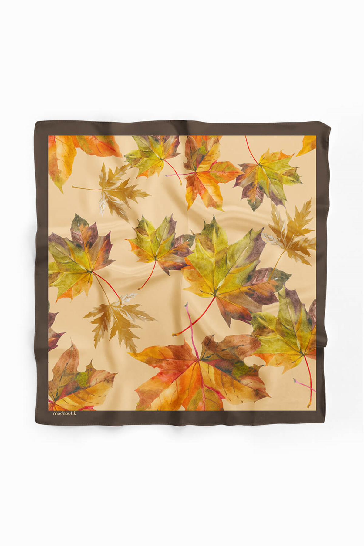 B107 Kadın Yaprak Desenli Bandana 50x50 Yeşil Kahverengi DG0437-22