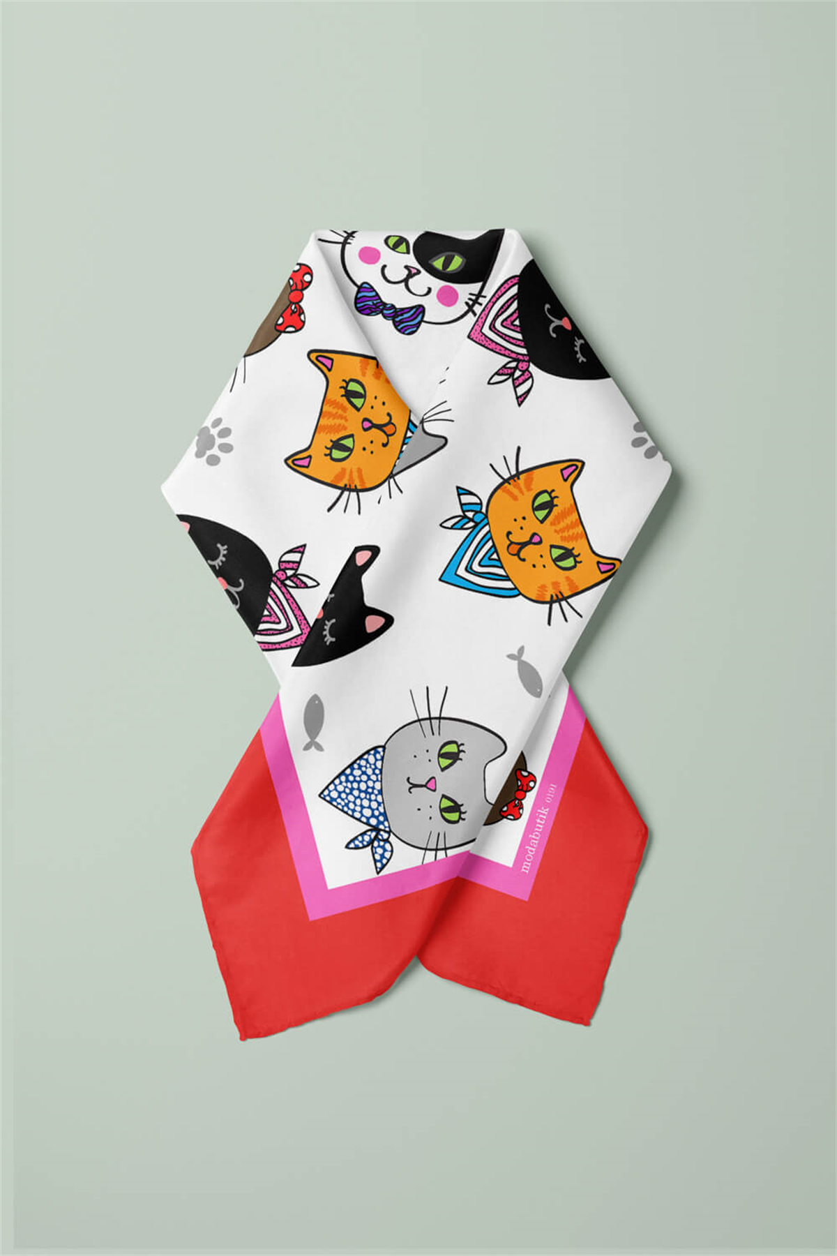 A59 Kadın Kedi Desenli Bandana 50x50 Kırmızı DG0191-22 Snz