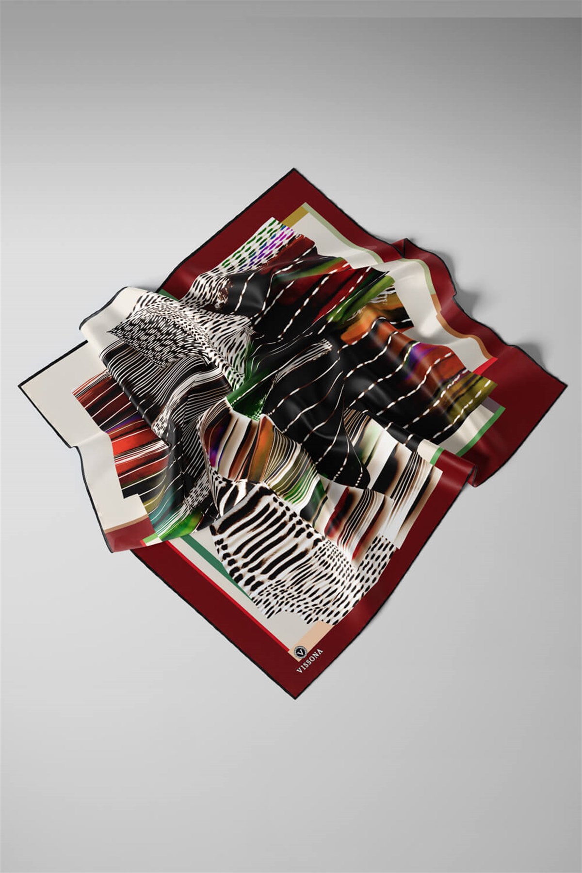%100 Twill İpek Geometrik Desenli Bordo - Krem Renkli 90x90 Eşarp Dikim Şekli : El Dikişi