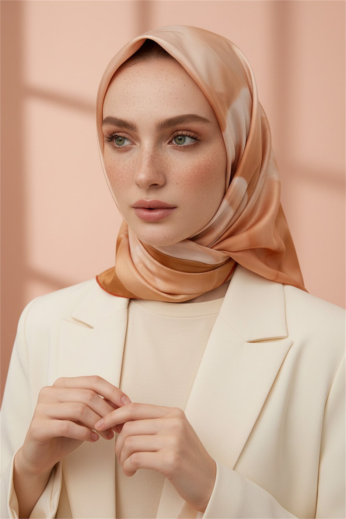 Rayon Büyük Çiçek Desenli Turuncu Renkli 90x90 Eşarp (İpek İçermez) Kenar Dikiş Şekli El Dikişli