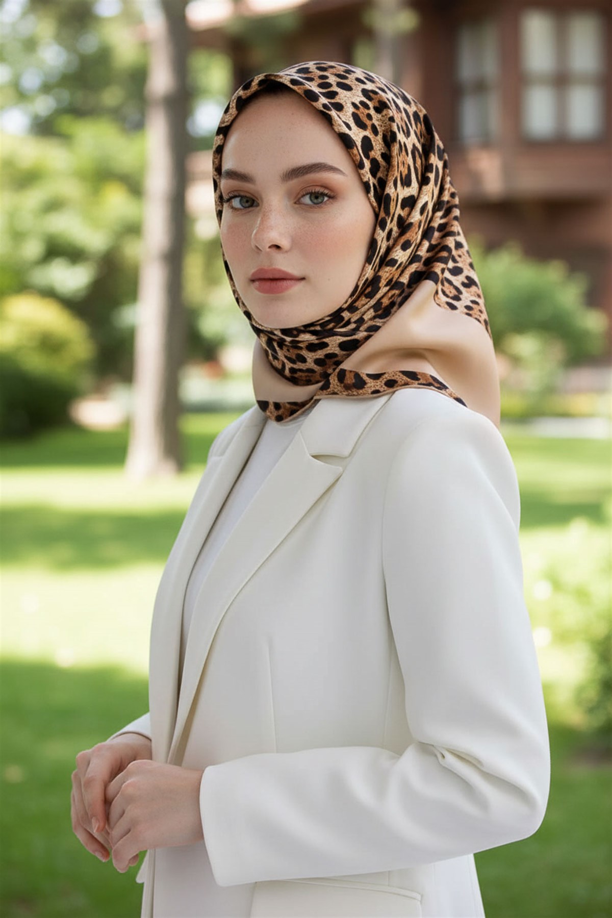 %100 Twill İpek Leopar Desenli Bej Renkli 90x90 Eşarp Dikim Şekli : El Dikişi