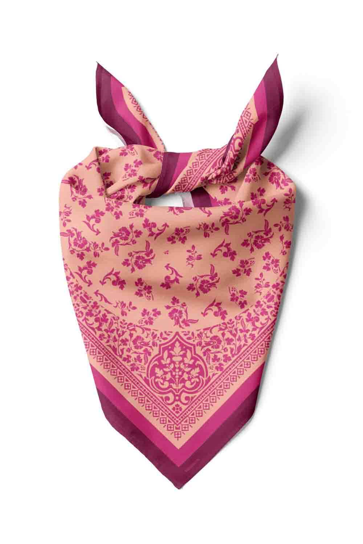 E110 Kadın Vintage Desenli Bandana 50x50 Pembe DG0206-22 Snz