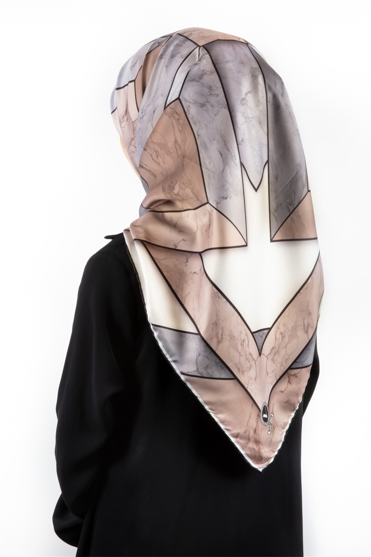 Twill Mermer Desenli Gri - Bej Renkli 90x90 Eşarp (İpek İçermez) Kenar Dikiş Şekli El Dikişli