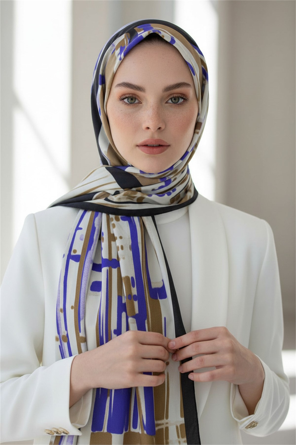KREP GEOMETRIK DESENLİ SAKS RENKLİ 75X195 KIRIŞMAZ ŞAL