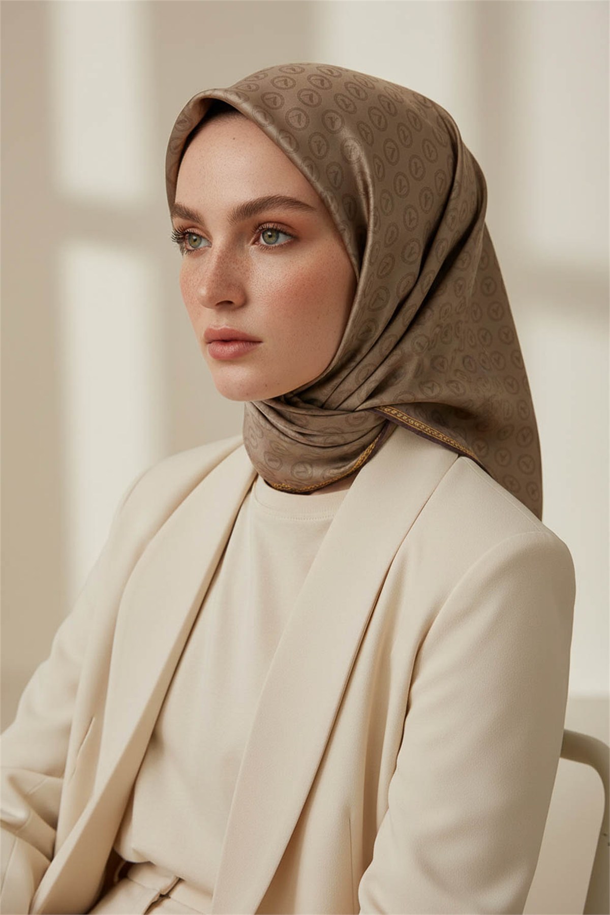 Rayon Degra Desenli Bej Renkli 90x90 Dikim Şekli : El Dikişi Eşarp (İpek İçermez) Kenar Dikiş Şekli El Dikişli