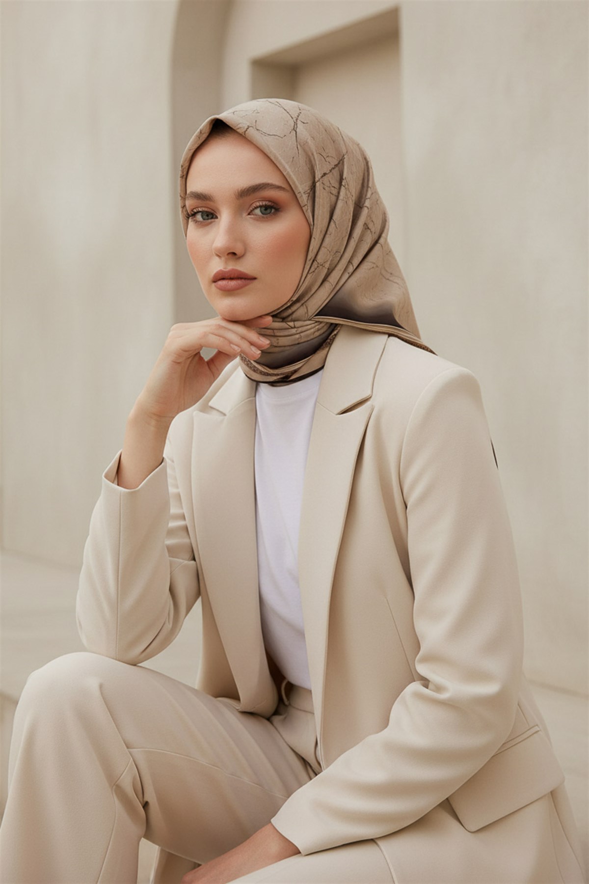 %100 Twill İpek Mermer Desenli Bej Renkli 90x90 Eşarp Dikim Şekli : El Dikişi