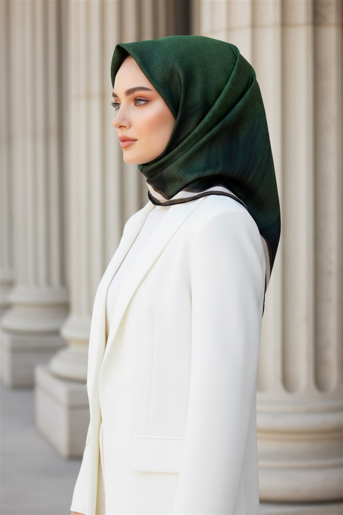100% Twill İpek Monogram Desenli Zümrüt Yeşili Renkli 90x90 Dikim Şekli : El Dikişi Eşarp