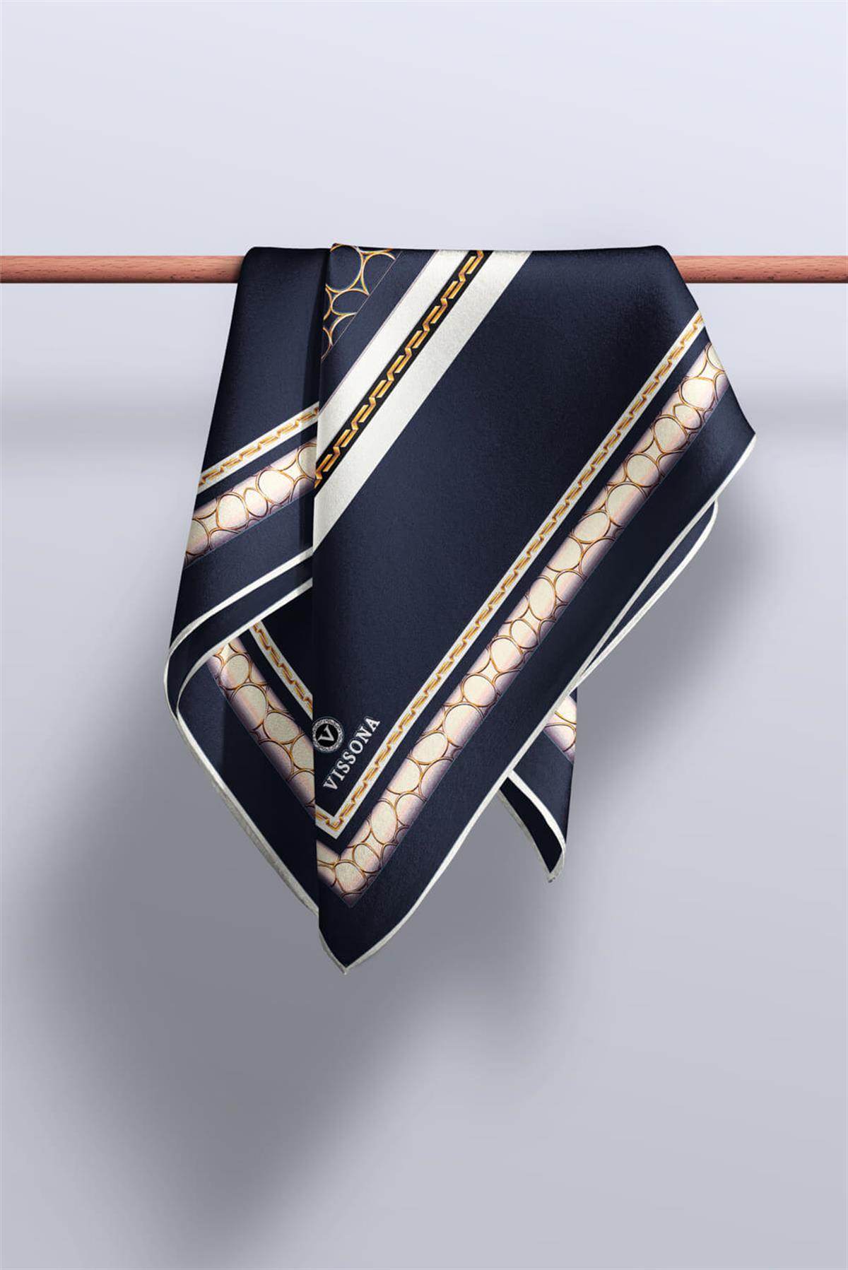 %100 Twill İpek Gold Halka Desenli Lacivert - Krem Renkli 90x90 Eşarp Dikim Şekli : El Dikişi