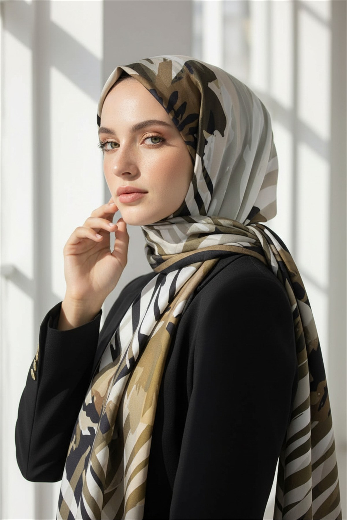 KREP ZEBRA VE ÇİÇEK DESENLİ BEJ RENKLİ 75X195 KIRIŞMAZ ŞAL