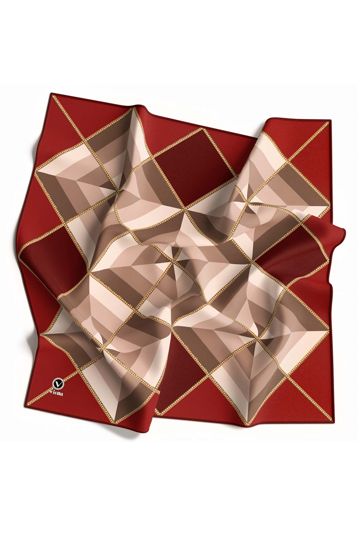 Twill Geometrik Desenli Bordo Renkli 90x90 Eşarp (İpek İçermez) Kenar Dikiş Şekli El Dikişli