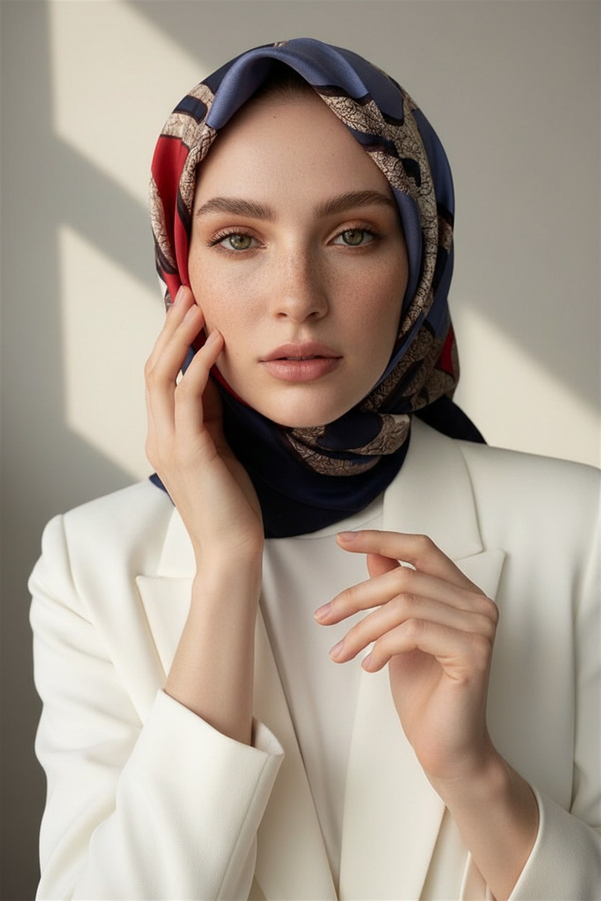 % 57 İPEK % 43 VİSKON Twill İpek Gold Efektli Geometrik Desenli Lacivert - Bordo Renkli 90x90 Eşarp Dikim Şekli : El Dikişi