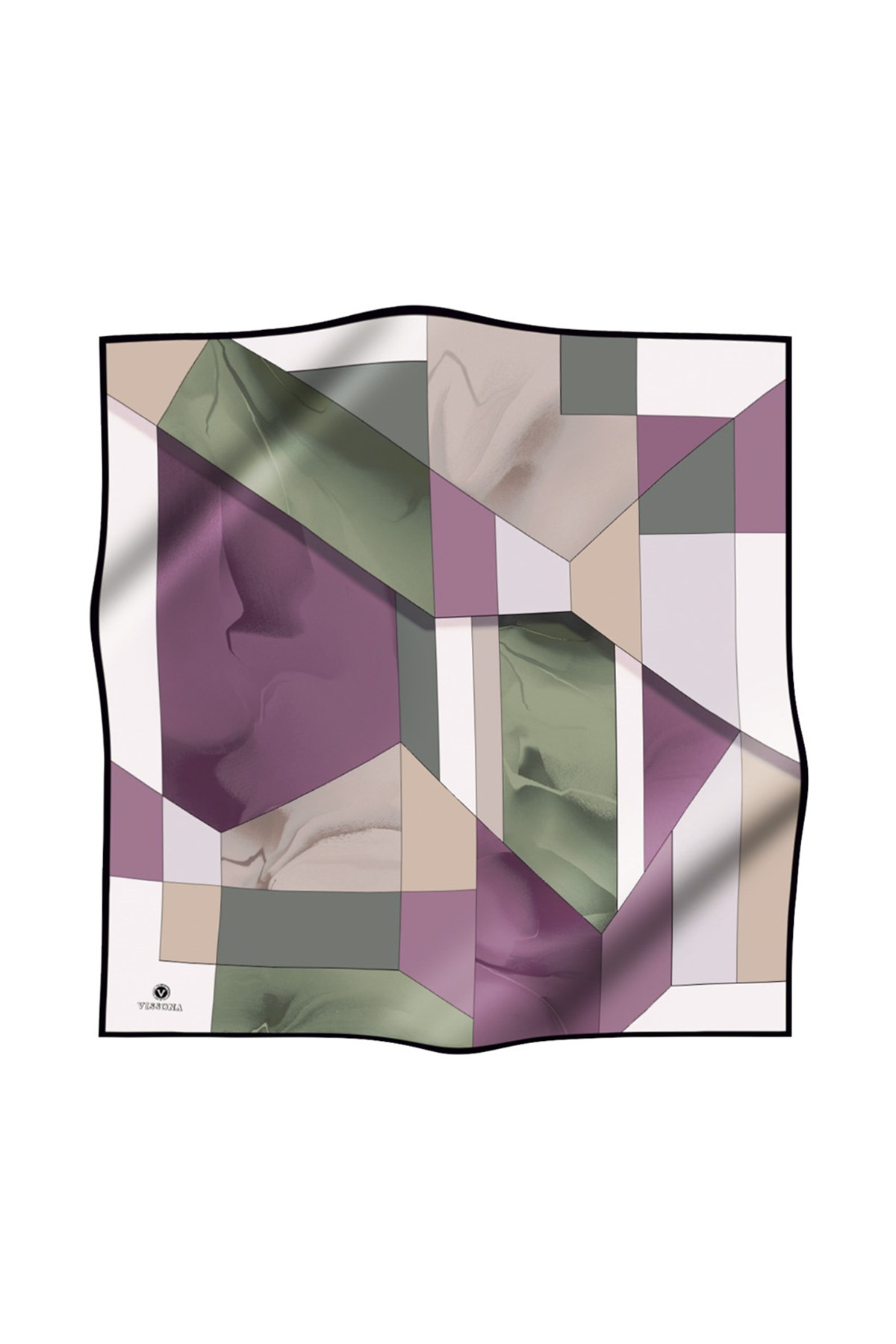 %100 Twill İpek Geometrik Desenli Gül Kurusu - Haki Renkli 90x90 Eşarp Dikim Şekli : El Dikişi
