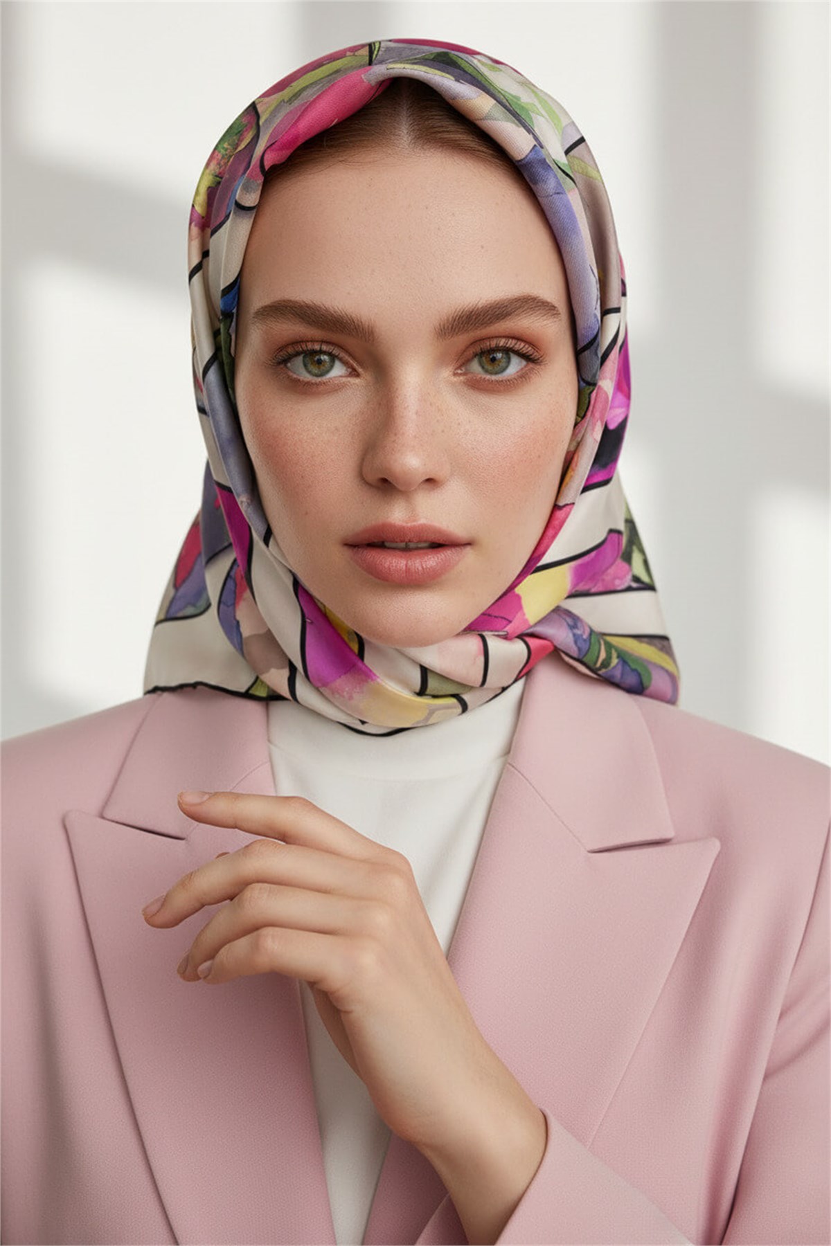 %100 Twill İpek Bahar Çiçekleri Desenli Mürdüm - Bebe Mavisi Renkli 90x90 Eşarp Kenar Dikiş Şekli El Dikişli