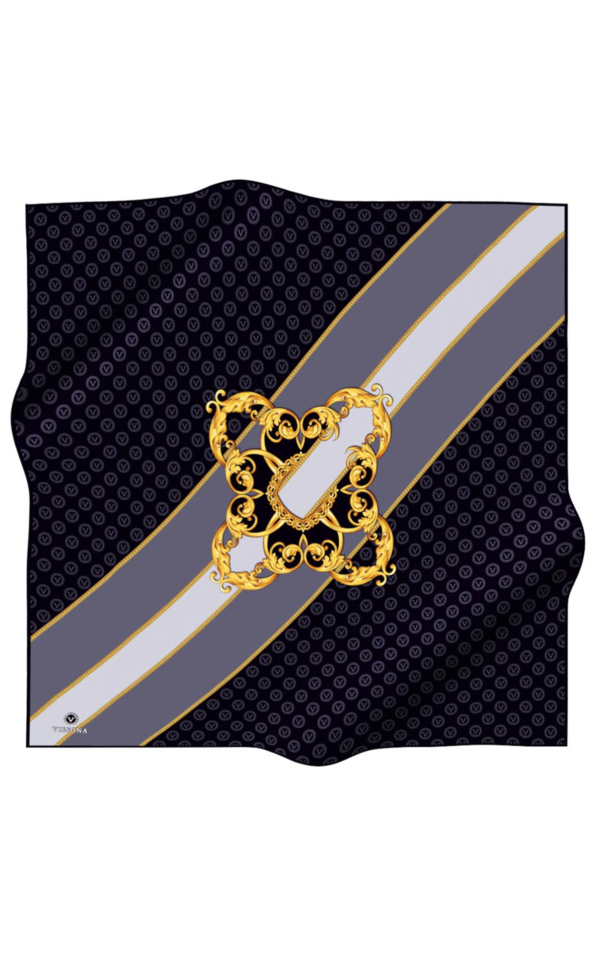 %100 Twill İpek Monogram Ve Barok Desenli Siyah - Gri Renkli 90x90 Eşarp Dikim Şekli : El Dikişi