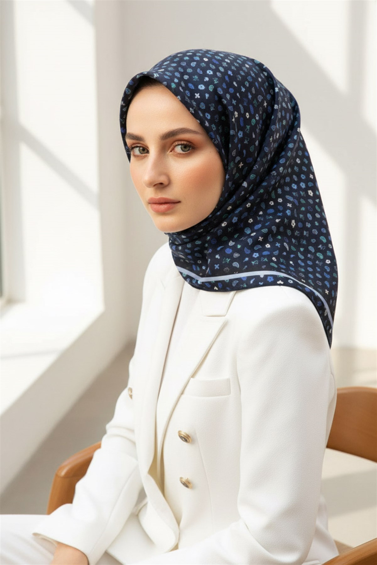 %100 Twill İpek Çıtır Desenli Lacivert Renkli 90x90 Eşarp Dikim Şekli : El Dikişi