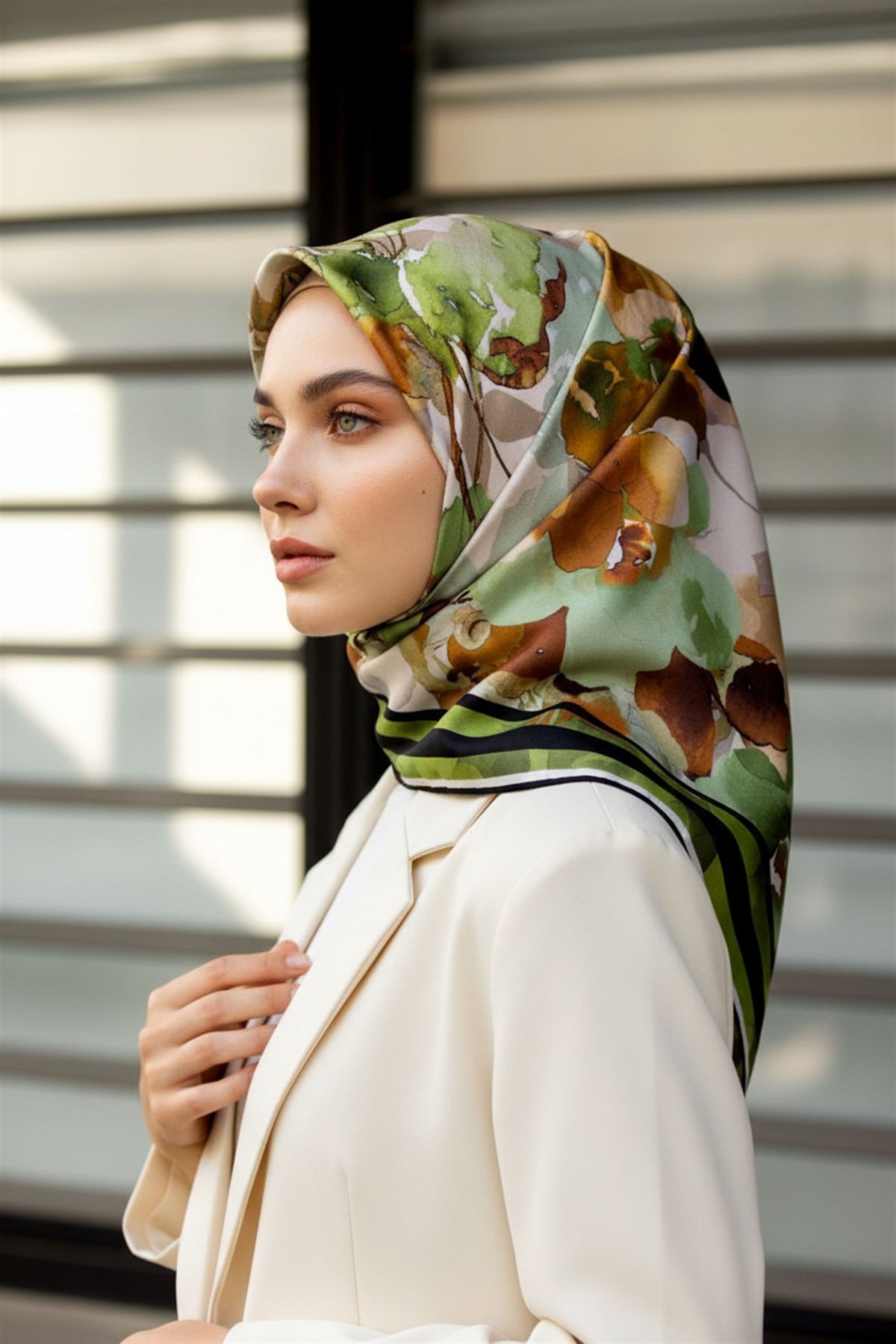 % 57 İPEK % 43 VİSKON Twill İpek Sulu Boyalı Çiçek Desenli Haki - Vizon Renkli 90x90 Eşarp Dikim Şekli : El Dikişi