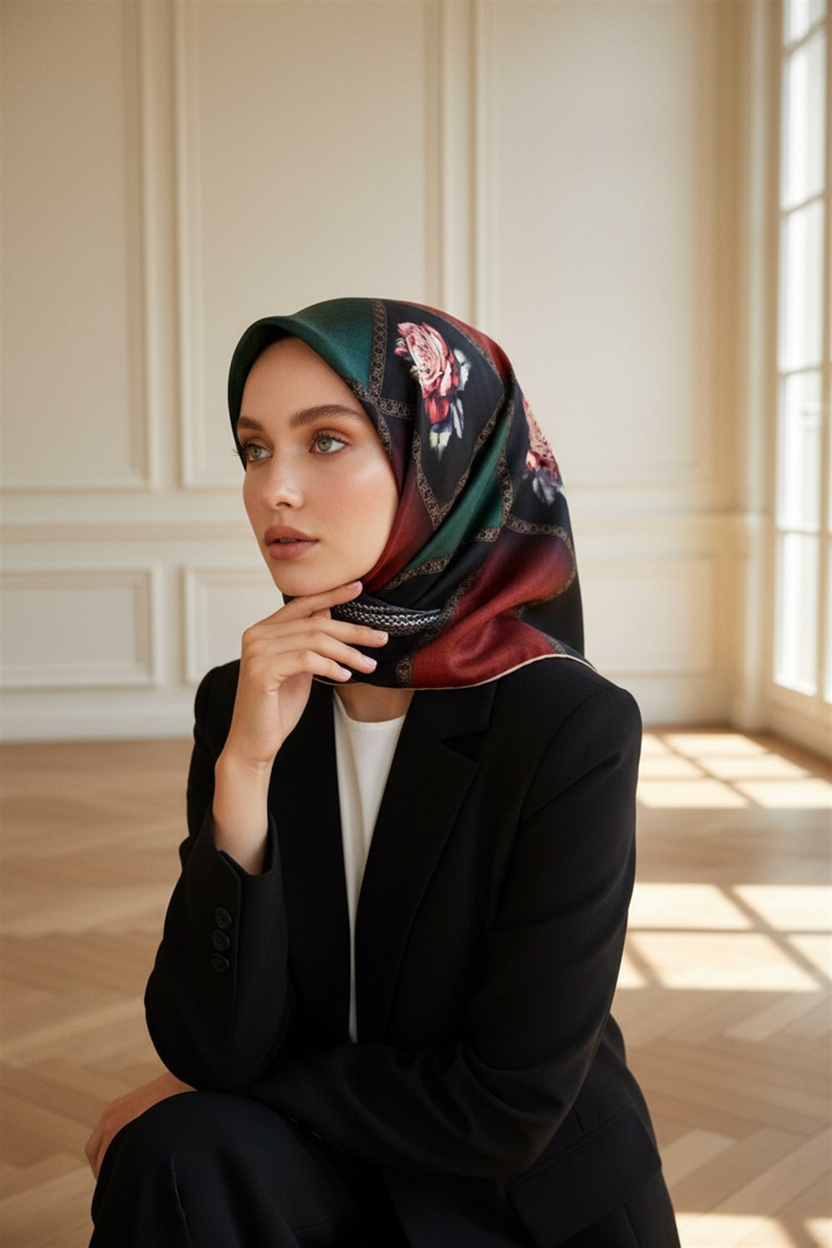 %100 Twill İpek Dokulu Çiçekli Ve Geometrik Desenli Siyah - Zümrüt Yeşili Renkli 90x90 Eşarp Dikim Şekli : El Dikişi