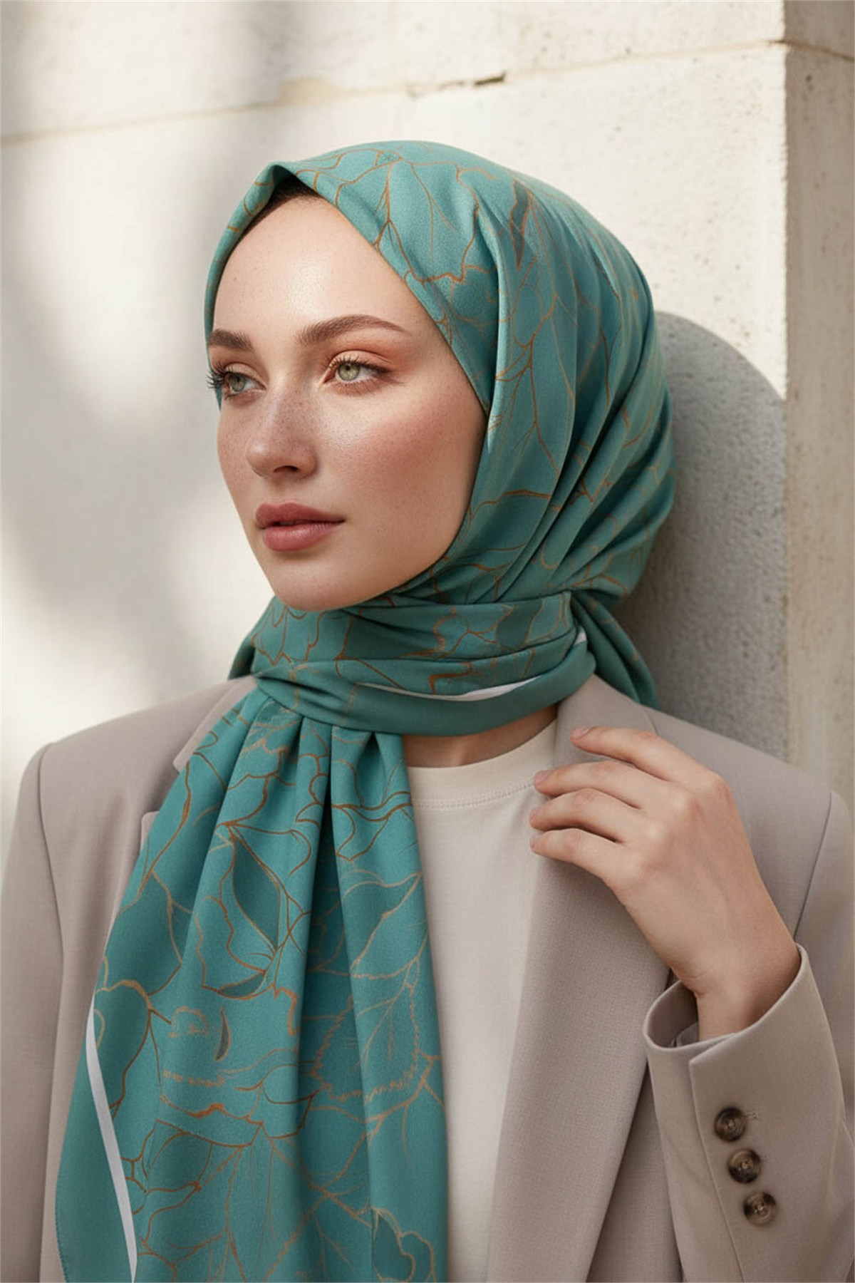 KREP ÇİÇEK DESENLİ MİNT YEŞİLİ RENKLİ 75X195 KIRIŞMAZ ŞAL