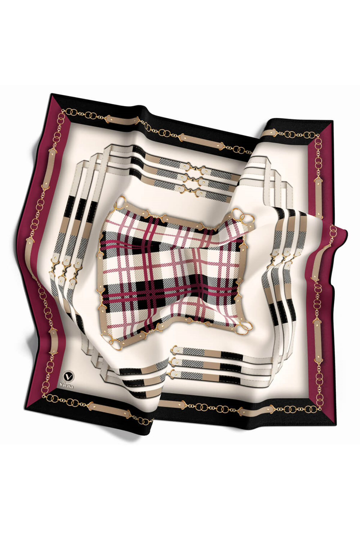 Twill Ekoseli Ve Zincir Desenli Mürdüm Renkli 90x90 Eşarp (İpek İçermez) Dikim Şekli : El Dikişi