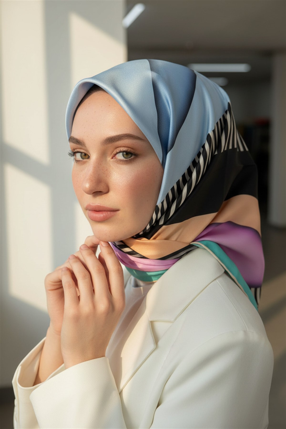 %100 Twill Renk Bloklu Çizgili Desenli Pudra - Bebe Mavisi Renkli 90x90 Eşarp Dikim Şekli: El Dikişii