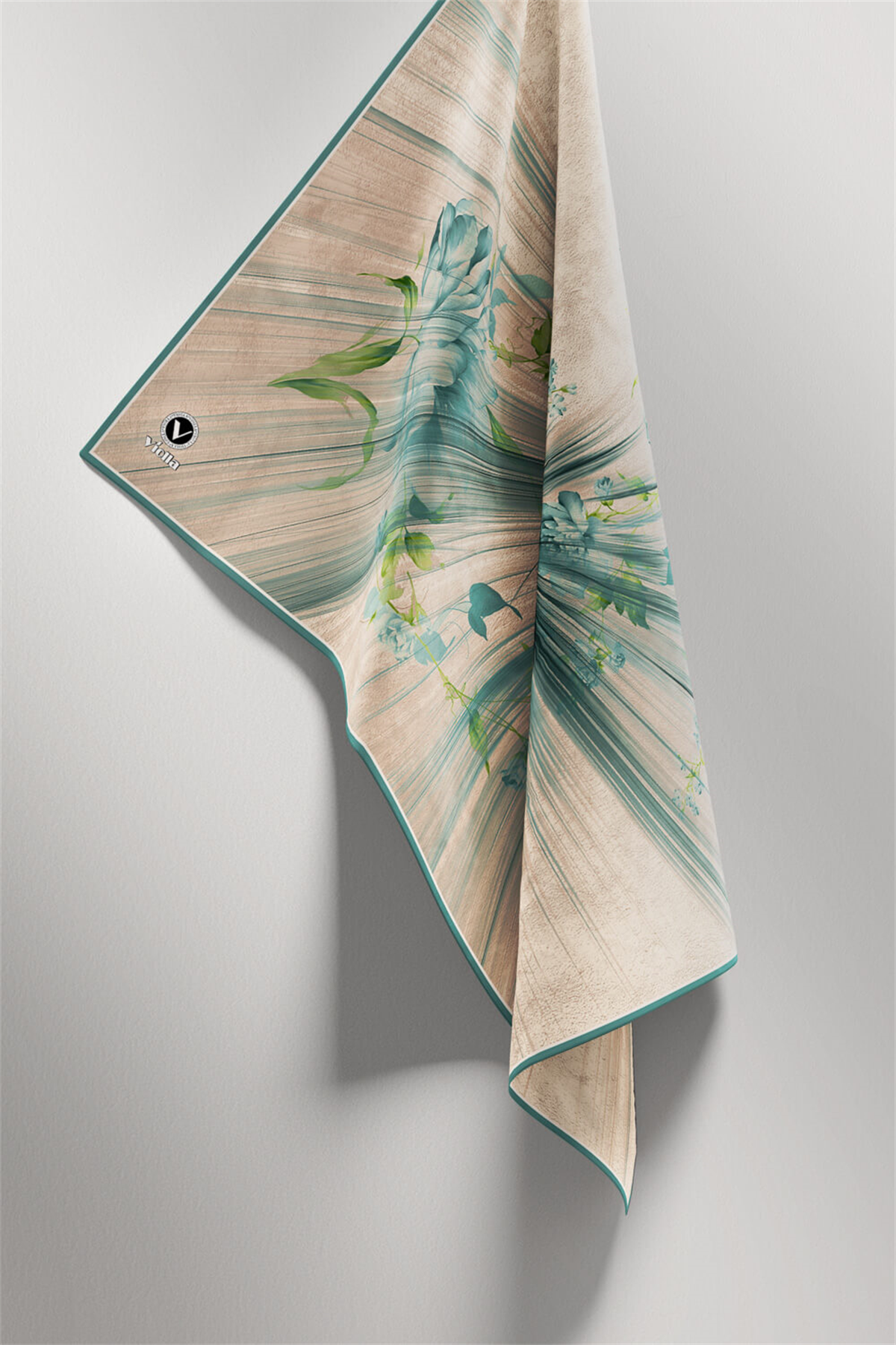 Twill Çiçekli Desenli Mint Yeşili Renkli 90x90 Eşarp (İpek İçermez) Kenar Dikiş Şekli El Dikişli