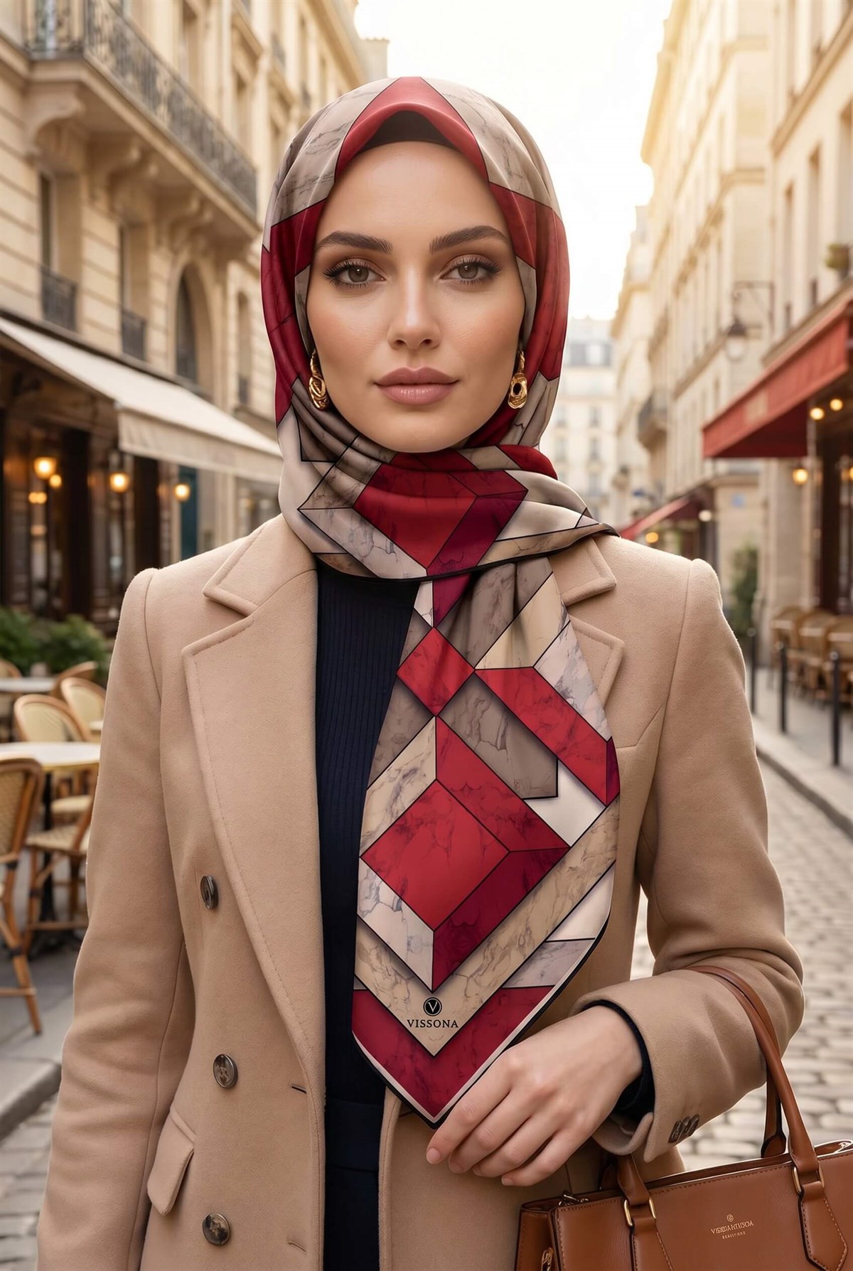 %100 Twill İpek Mermer Desenli Bordo - Bej Renkli 90x90 Eşarp Dikim Şekli : El Dikişi
