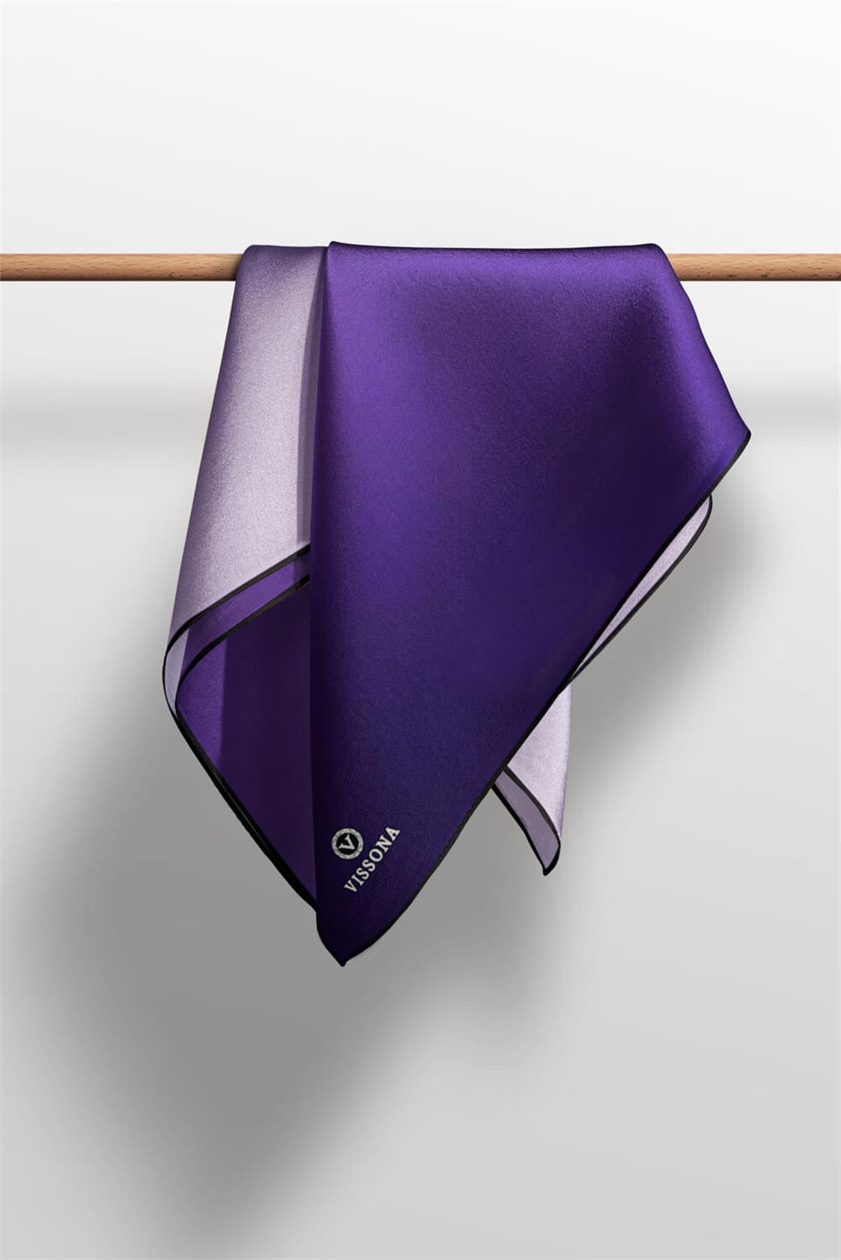 %100 Twill İpek Degrade Desenli Mor Renkli 90x90 Eşarp Dikim Şekli : El Dikişi