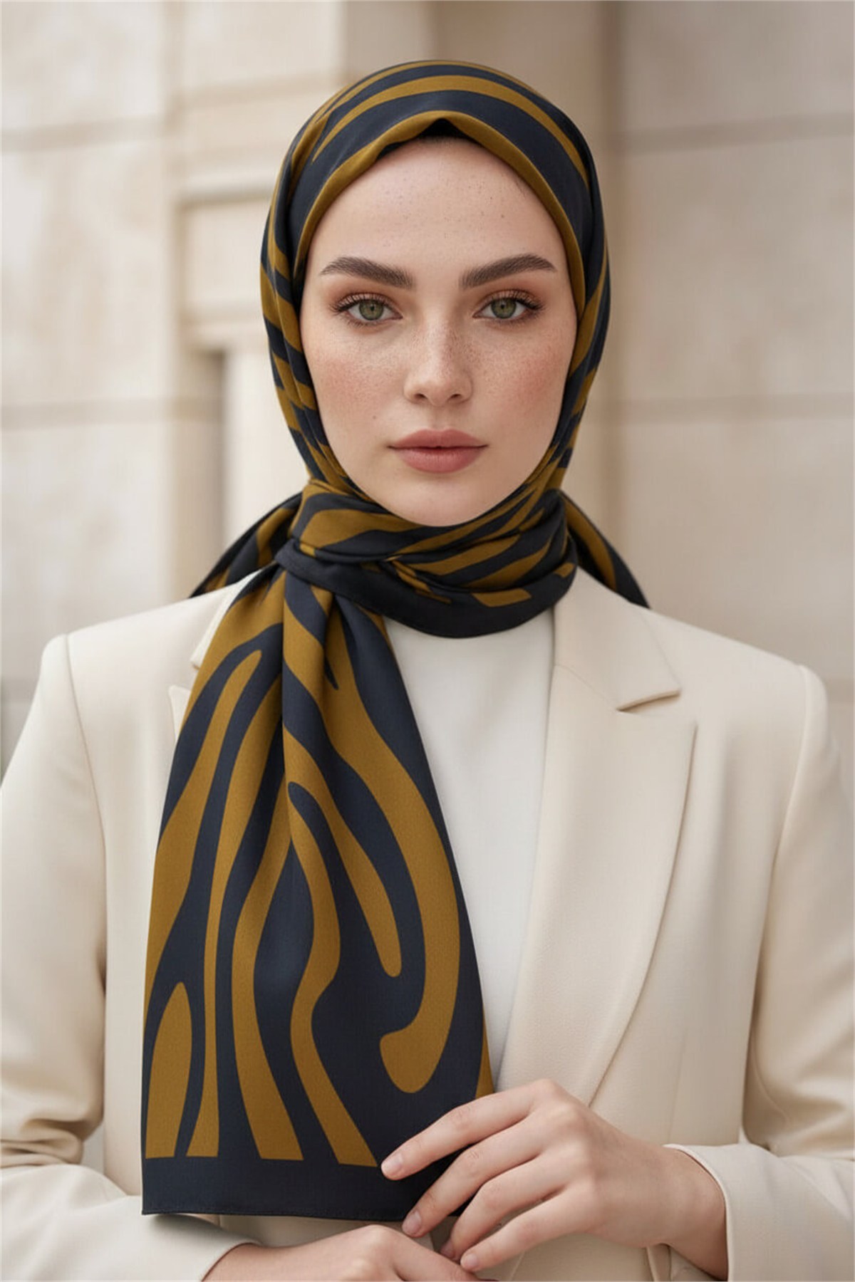 Kırışmaz Krep Şal Zebra Desenli Siyah Hardal 75x190 cm – Kolay Şekil Alan