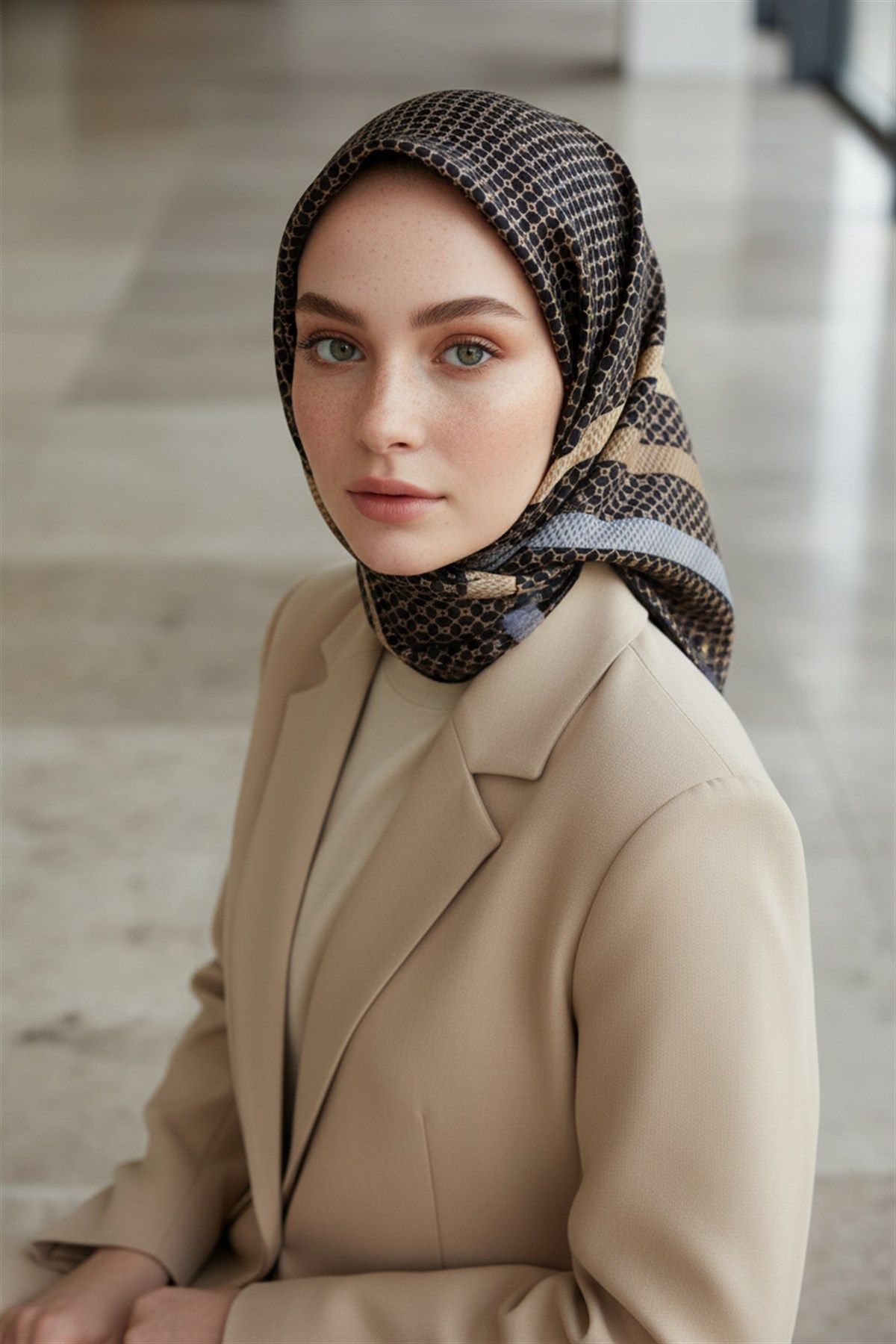 %100 Twill İpek Bantlı Monogram Desenli Siyah - Gold Renkli 90x90 Eşarp Dikim Şekli : El Dikişi