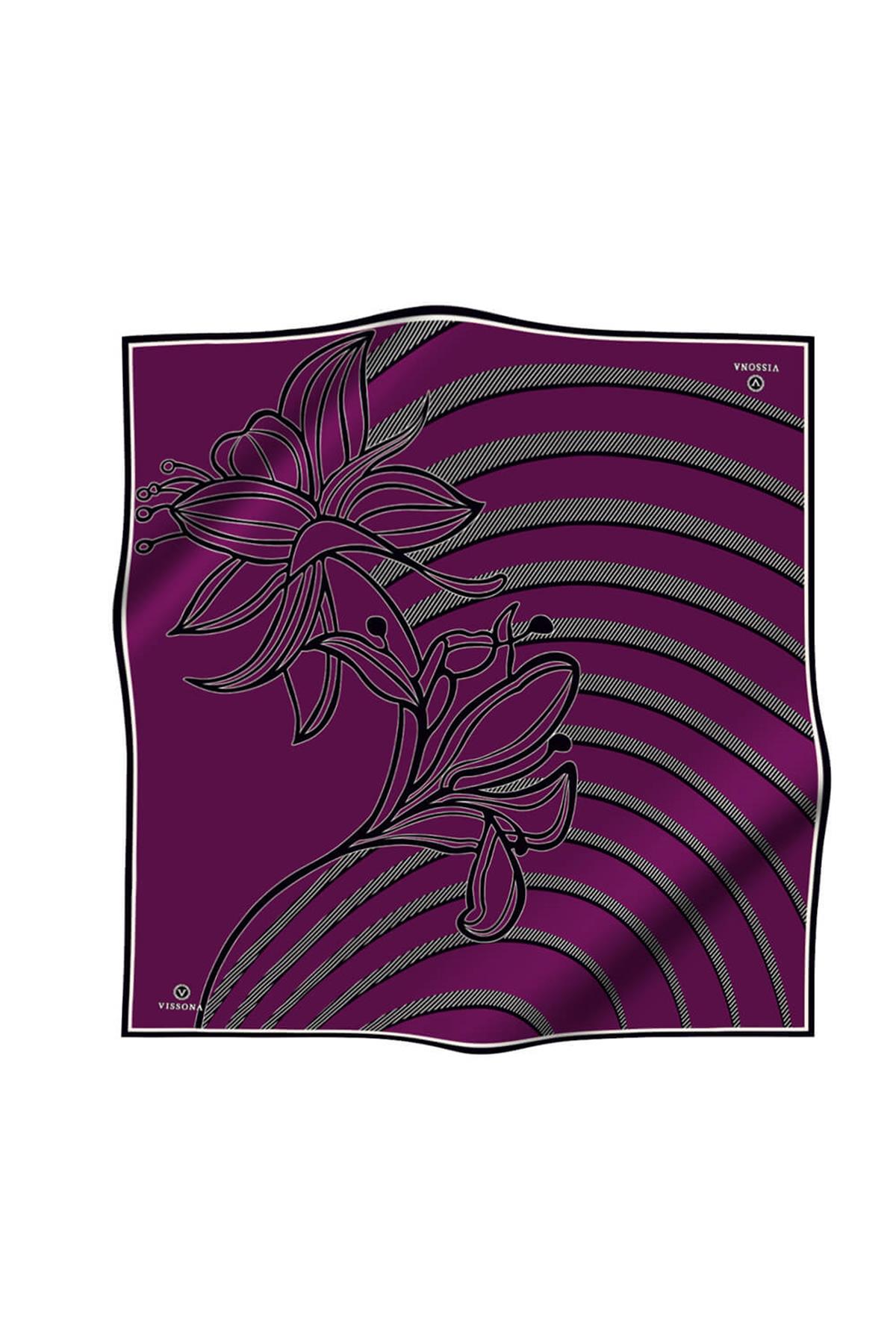 %100 Twill İpek Çizgili Çiçek Desenli Mürdüm - Siyah Renkli 90x90 Eşarp Dikim Şekli : El Dikişi