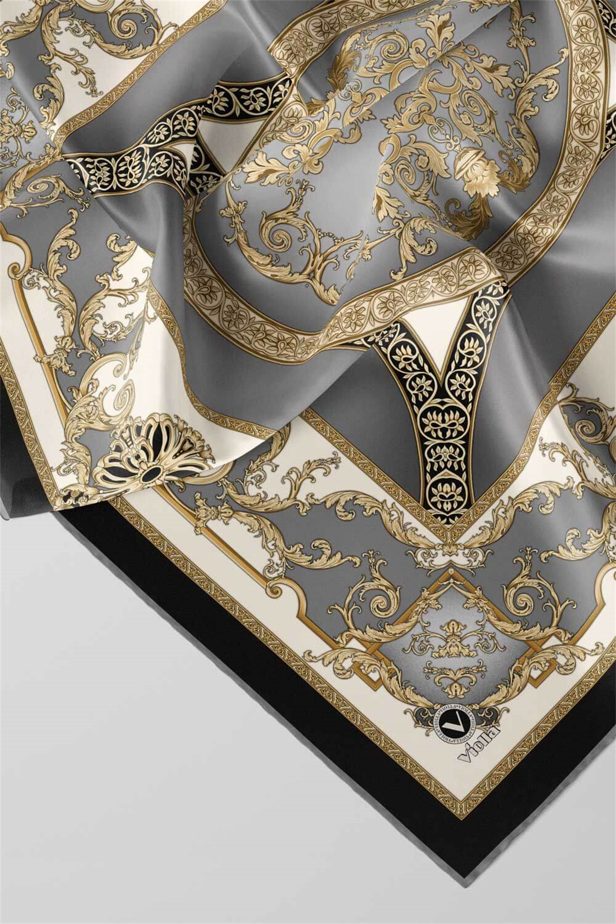 Twill Barok Desenli Gri Renkli 90x90 Eşarp (İpek İçermez) Kenar Dikiş Şekli El Dikişli