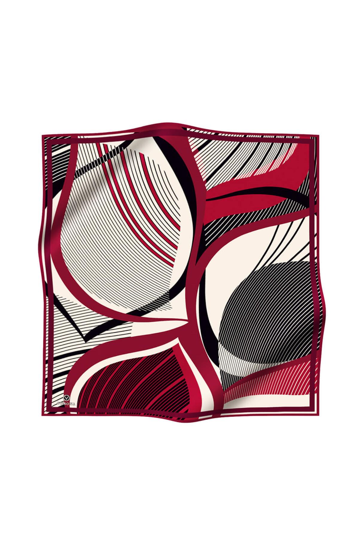 %100 Twill İpek Çizgili Geometrik Desenli Kırmızı - Krem Renkli 90x90 Eşarp Dikim Şekli : El Dikişi