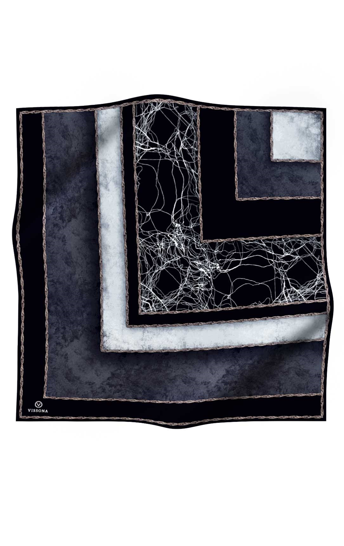 % 57 İPEK % 43 VİSKON Twill İpek Dokulu Geometrik Desenli Siyah - Krem Renkli 90x90 Eşarp Dikim Şekli : El Dikişi