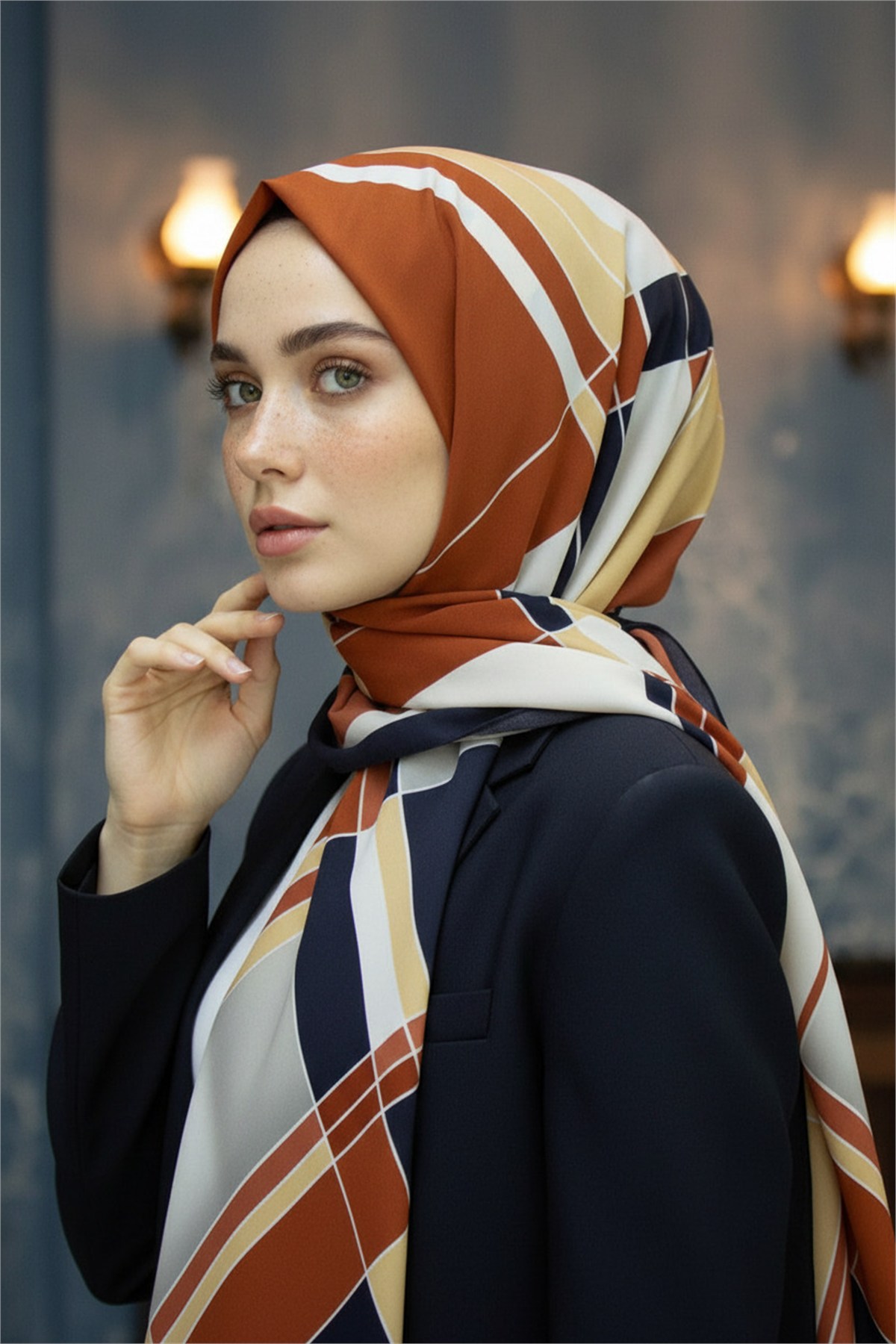KREP GEOMETRİK DESENLİ TABA RENKLİ 75X195 KIRIŞMAZ ŞAL