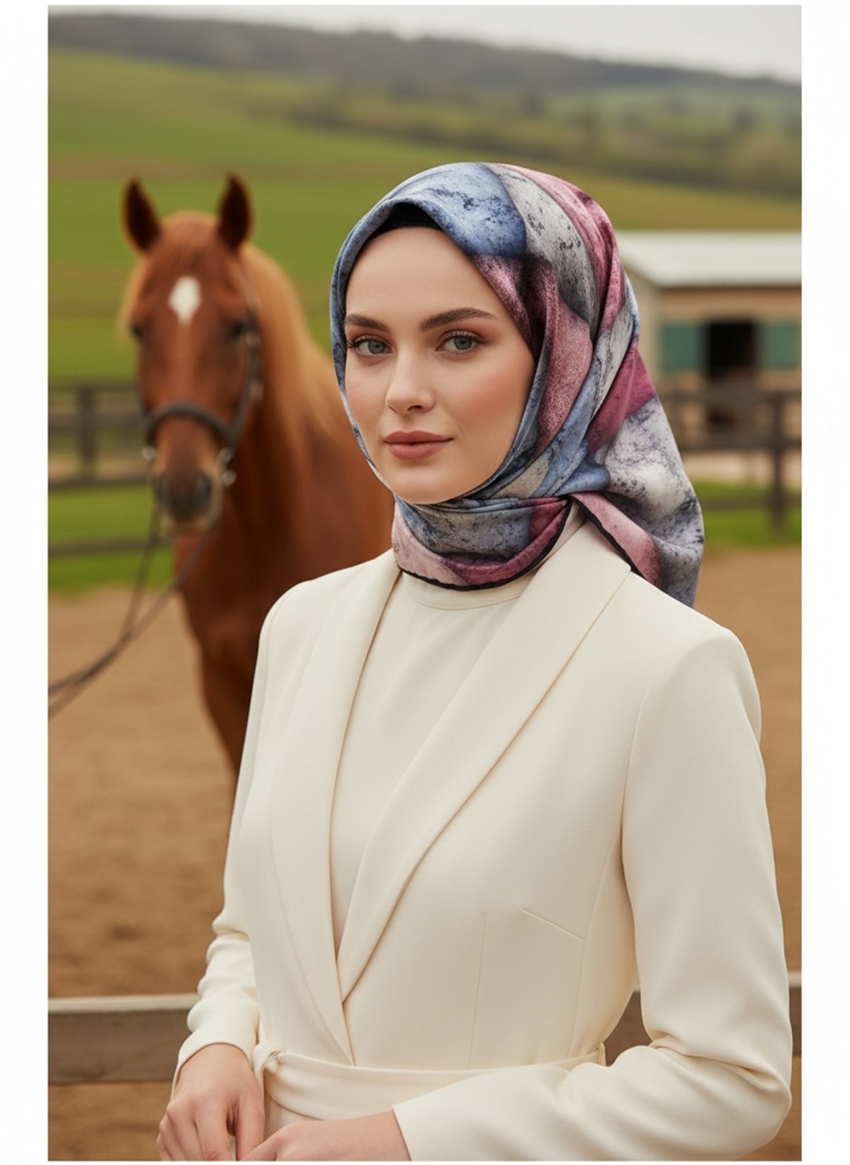 %100 Twill İpek Dokulu Ve Geometrik Desenli Gül Kurusu - İndigo Renkli 90x90 Eşarp Dikim Şekli : El Dikişi