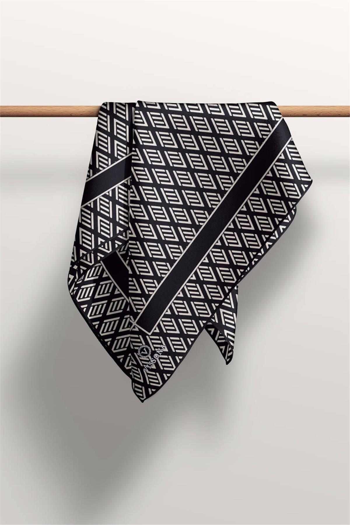 %100 Twill İpek Geometrik Desenli Siyah - Krem Renkli 90x90 Eşarp Dikim Şekli : El Dikişi