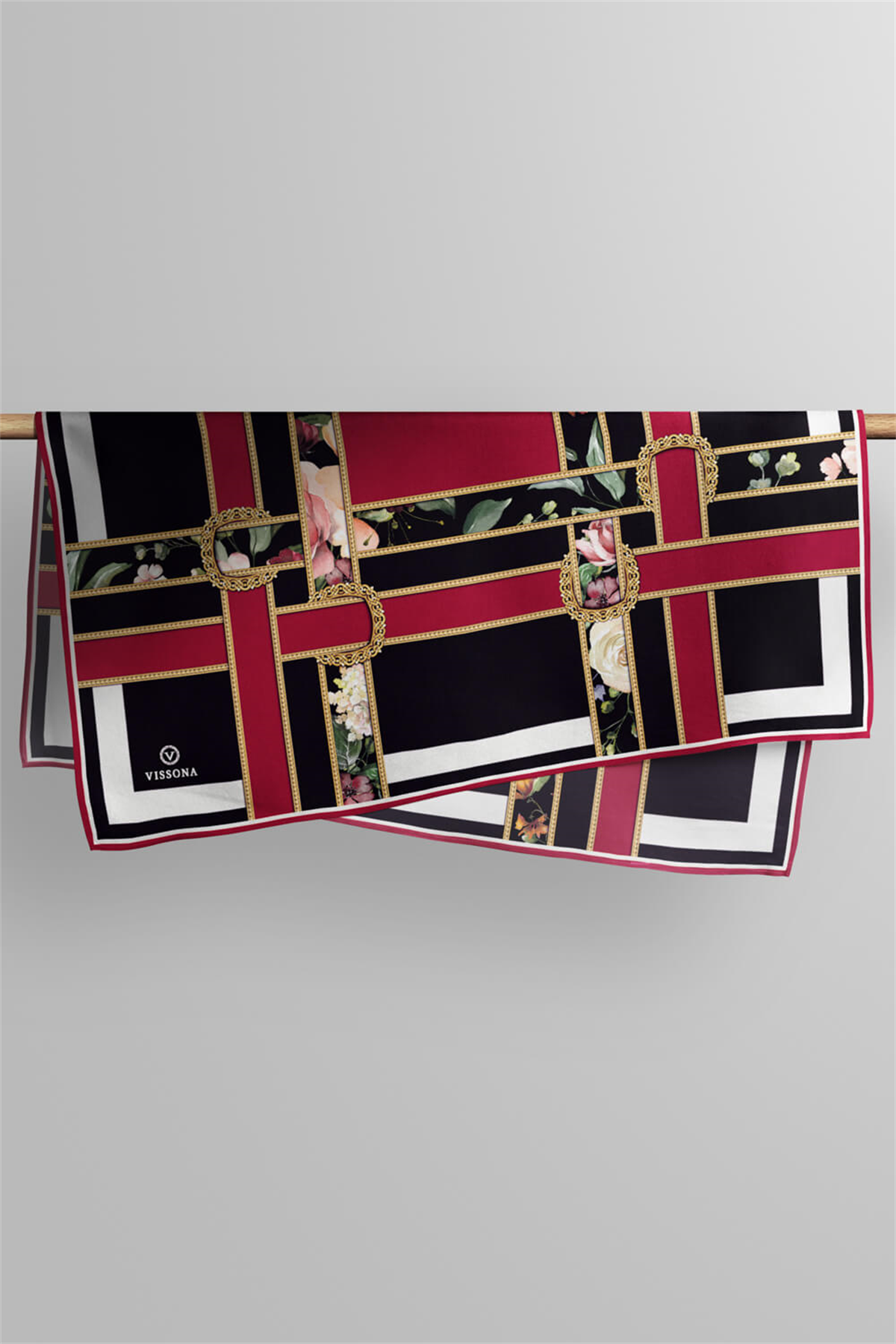 % 57 İPEK % 43 VİSKON Twill İpek Şeritleri Kemerli Ve Çiçek Desenli Bordo - Siyah Renkli 90x90 Eşarp Dikim Şekli : El Dikişi